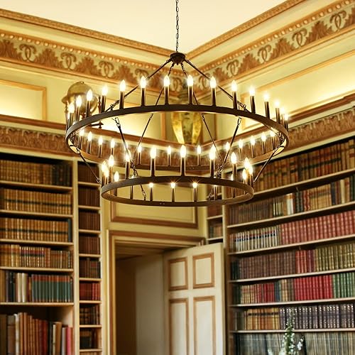 Miniatura 2 de Yikrfiae Lámpara de araña de rueda negra de 2 niveles 54 luces 60 pulgadas extra grande para casa de campo iluminación colgante redonda rústica para