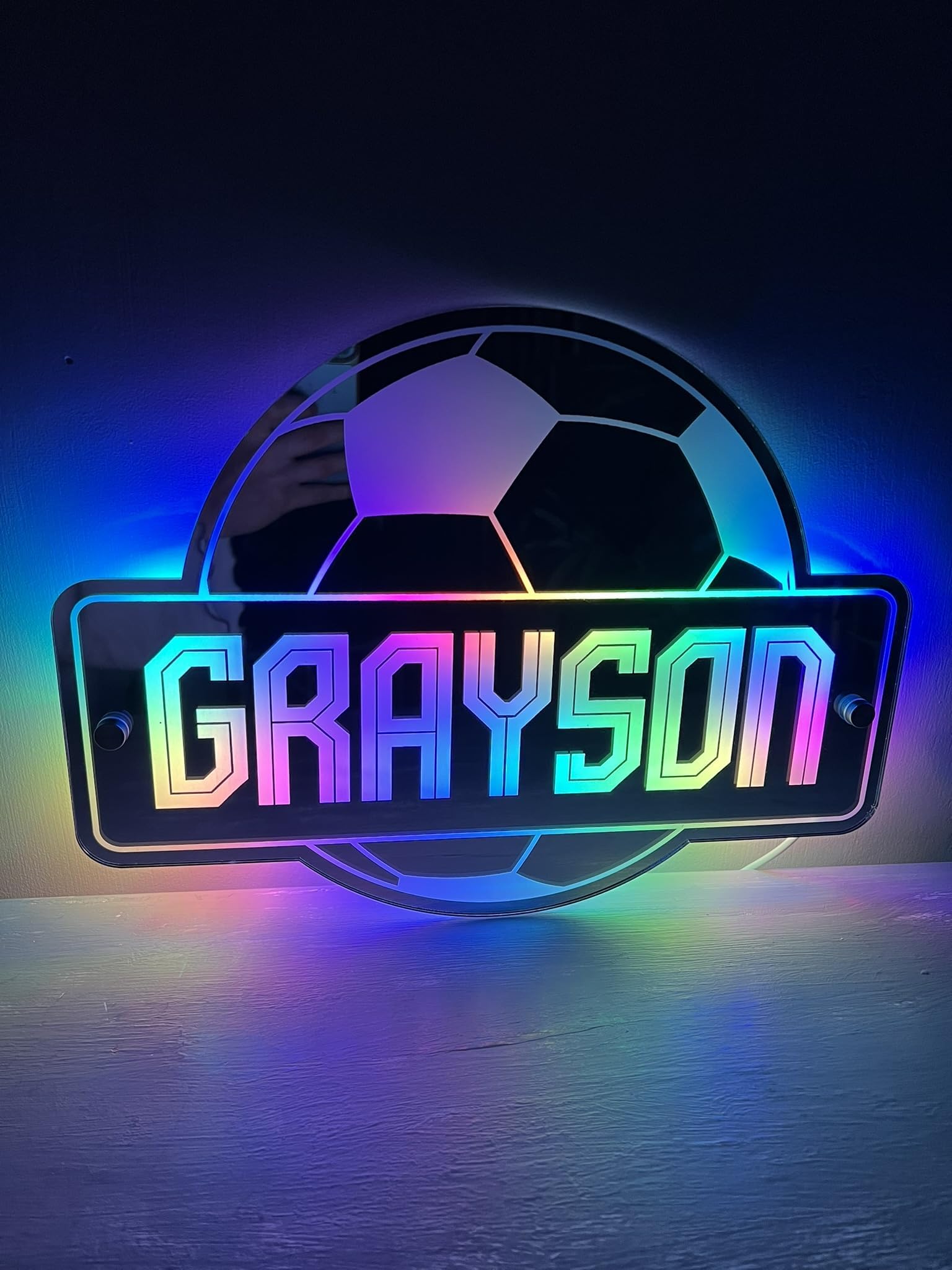 Personalised LED Mirror Football Sign – Custom Name Wall Light for Boys, Teens & Men | 366 RGB Modes & Remote Control | Football Gift & Bedroom Decor for Fans (35cm x 26cm)