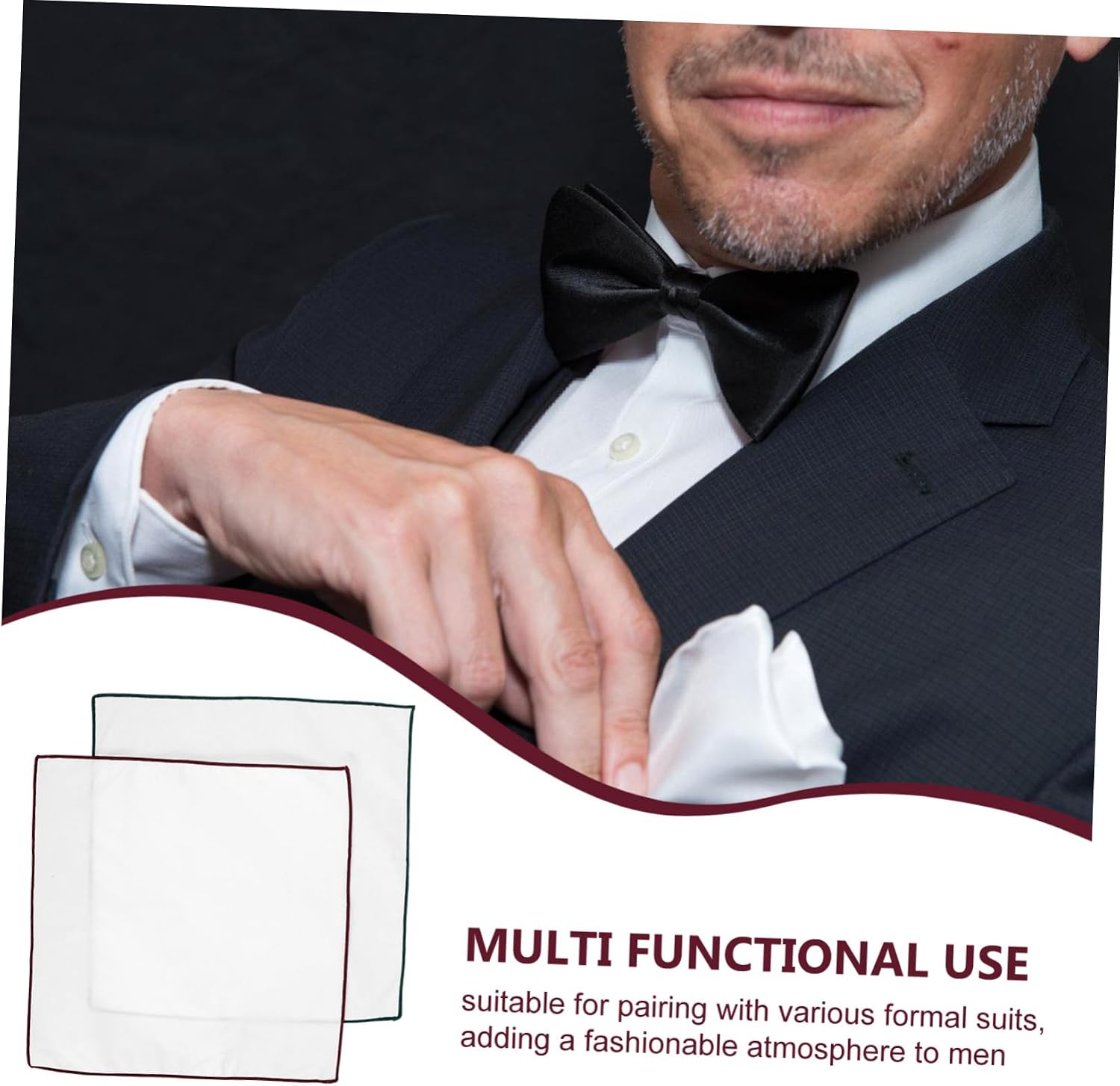 2pcs White Cotton Pocket Squares for Men Soft Suit Accessory Handkerchiefs for Wedding Banquet Formal Events Stylish Decorative Square Towels with Wine Red Dark