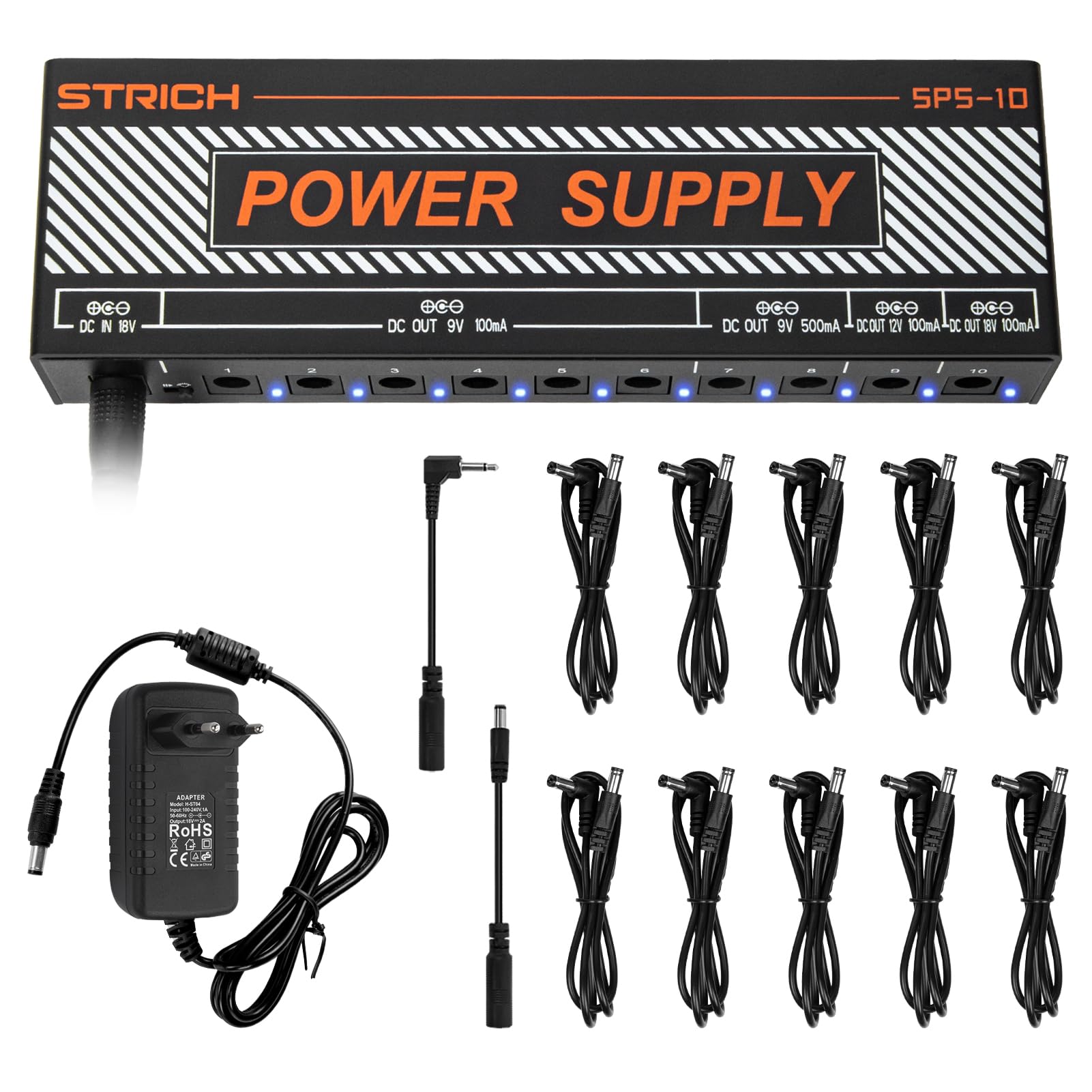 STRICH SPS-10 Gitarrenpedal-Netzteil, 10 Isolierte DC Ausgänge für 9V/12V/18V Gitarre Bass Effektpedale, 100mA 500mA Pedalboard-Netzteil mit Kurzschlussschutz