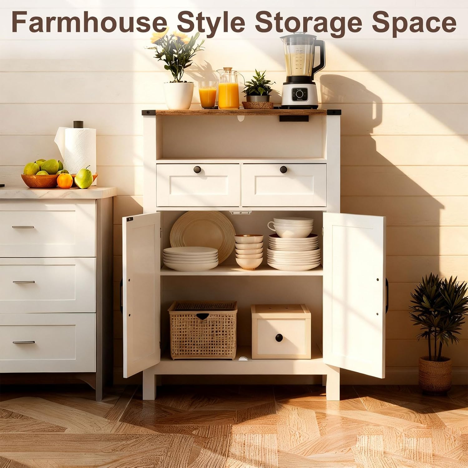 Farmhouse Storage Cabinet with Outlets, 23.8W Bathroom Floor Cabinet Small Kitchen Pantry Storage Organizer with Drawer, Adjustable Shelf for Laundry, Entryway, Coffee Bar (White)