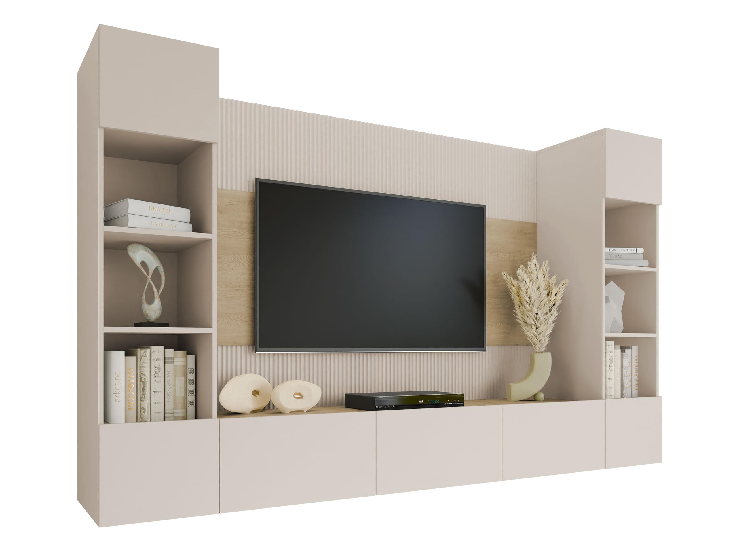 Mirjan24 Wohnwand Deromi, Anbauwand mit Wandpaneele und TV-Lowboard, Akustikplatten, Fernsehschrank, Schrankwand, Mediawand, TV-Lowboard (Sandbeige + Eiche Cremona, 2X Hängeregal)