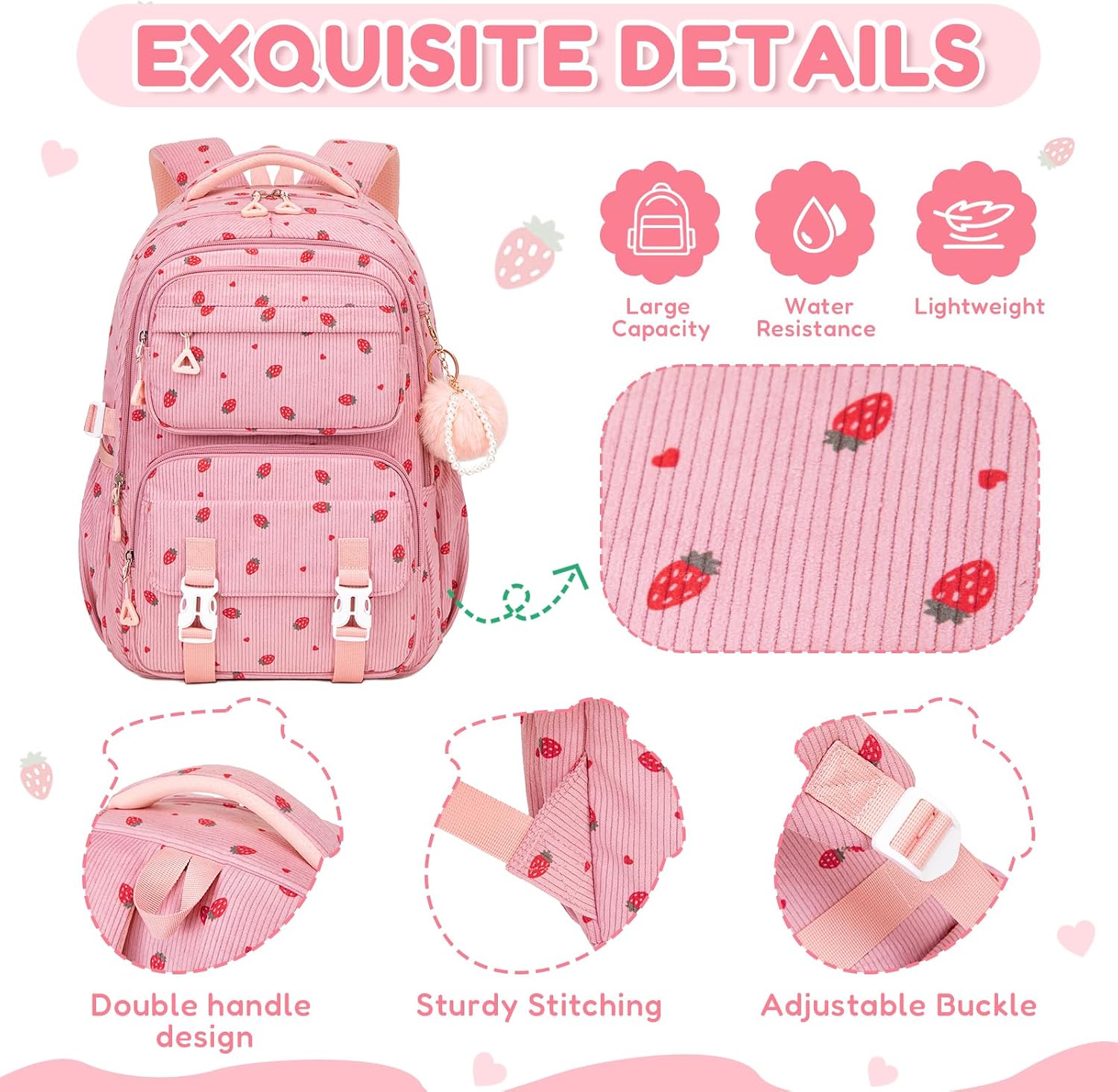 Girls Backpack, Kids Backpack for Girls, School Bag for Primary Elementary & Middle School Students, Bookbags for Teen Girl, Corduroy Laptop Backpack Travel Daypack, Pink Strawberry