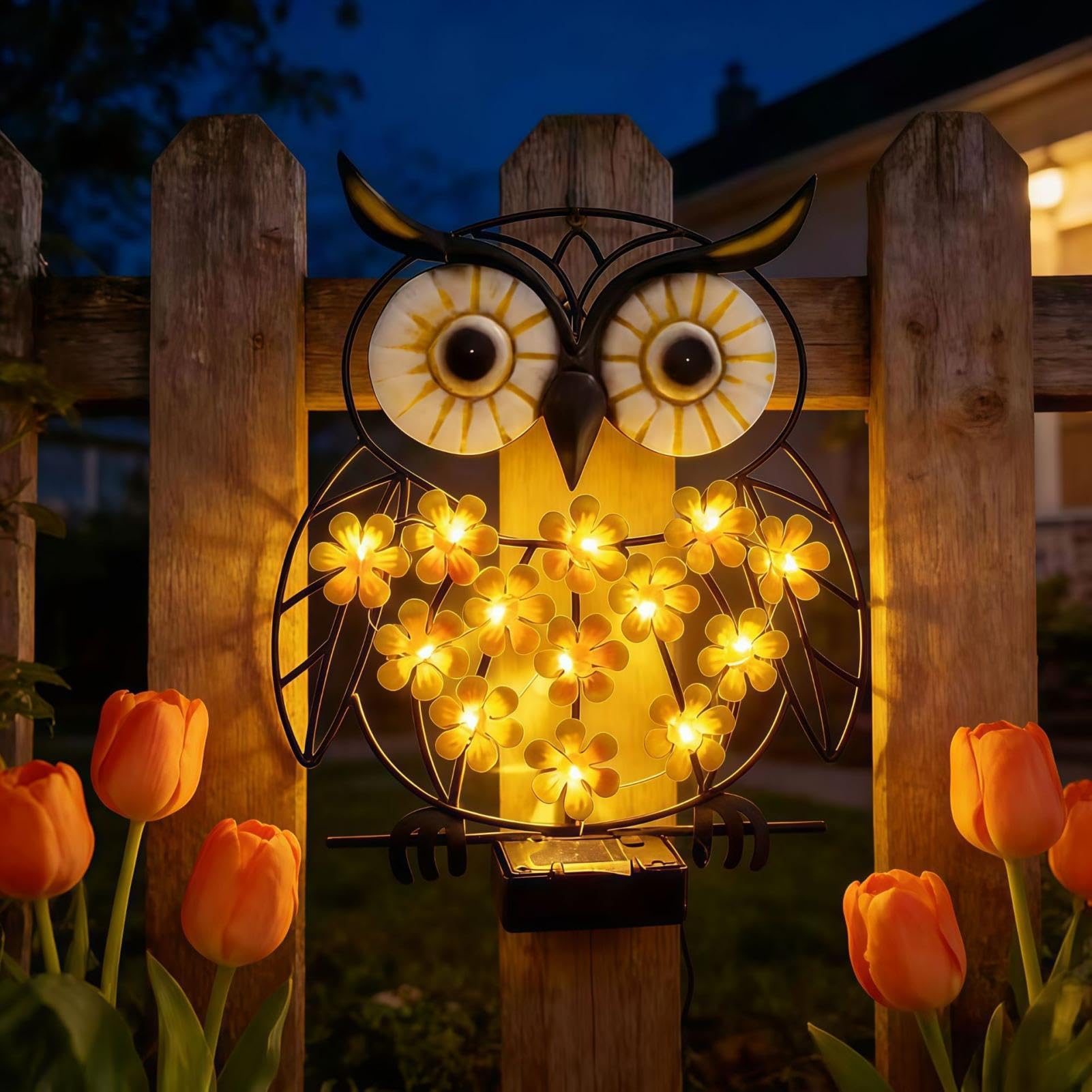 Vasedre Solar Lights Metal Outdoor Wall Art, Waterproof Animal Design Garden Wall Decorations with Soft LED Flower Lights for Garden Patio Backyard Yard Decor, Gardening Gifts for Women (Owl)