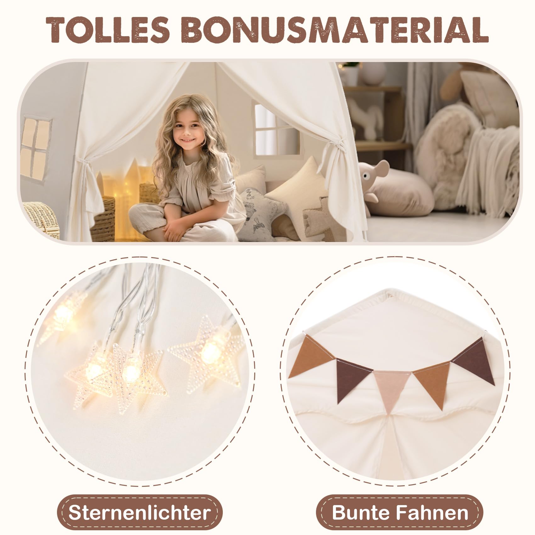 Mallify Kinderzelt Indoor, Spielzelt mit Lichtern, 150 x 100 x 150 cm Tipi Zelt Kinderzimmer (Creme)