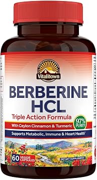 Vitalitown Berberine HCl 200mg, with Ceylon Cinnamon & Turmeric, 97% Purity, Concentrated Berberine Supplement, Metabolic, Immune, Gut & Heart, Non-GMO, 60 Vegan Capsules