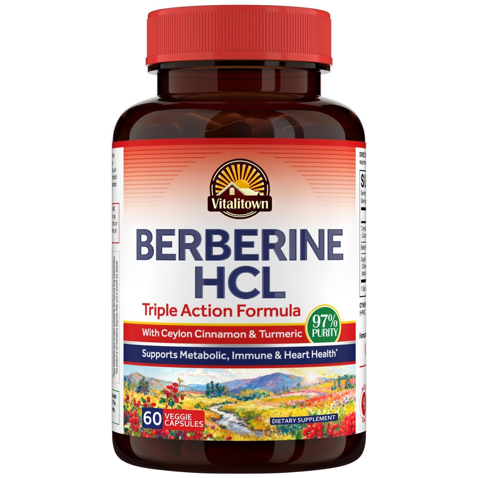 Vitalitown Berberine HCl 200mg, with Ceylon Cinnamon & Turmeric, 97% Purity, Concentrated Berberine Supplement, Metabolic, Immune, Gut & Heart, Non-GMO, 60 Vegan Capsules