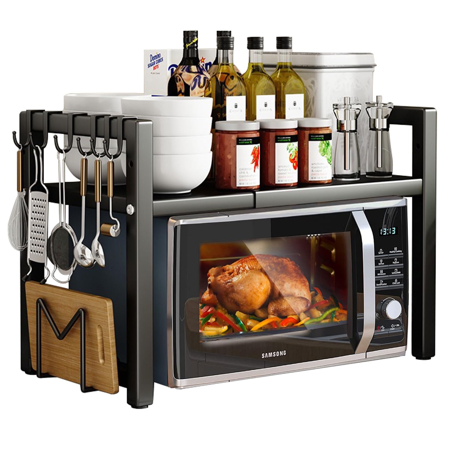devesanter Estante Extensible para Microondas con 5 Ganchos Estante Organizador de Cocina Estantes para Panadería para Microondas para Encimera, Extensible de 40 a 64 cm Negro