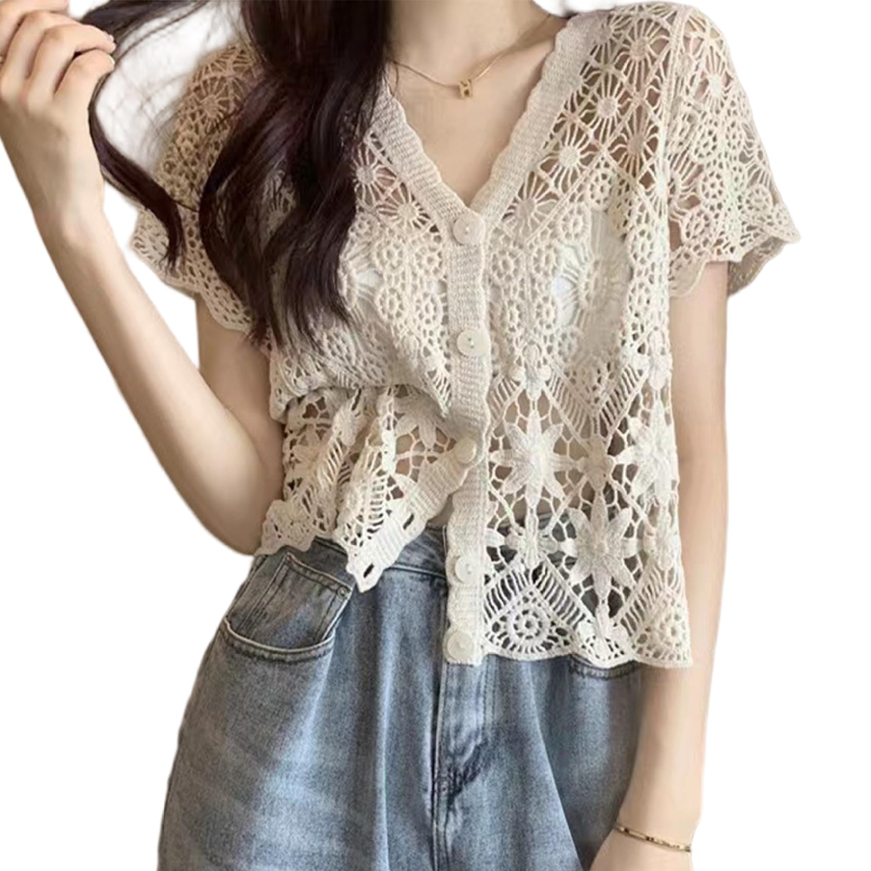 Wedhapy Lace Cardigan for Women, V Neck Short Sleeve Hollow Out White Lace Cardigan, Soft Cotton Button Up Crochet Shrug for Summer, One Size, Apricot