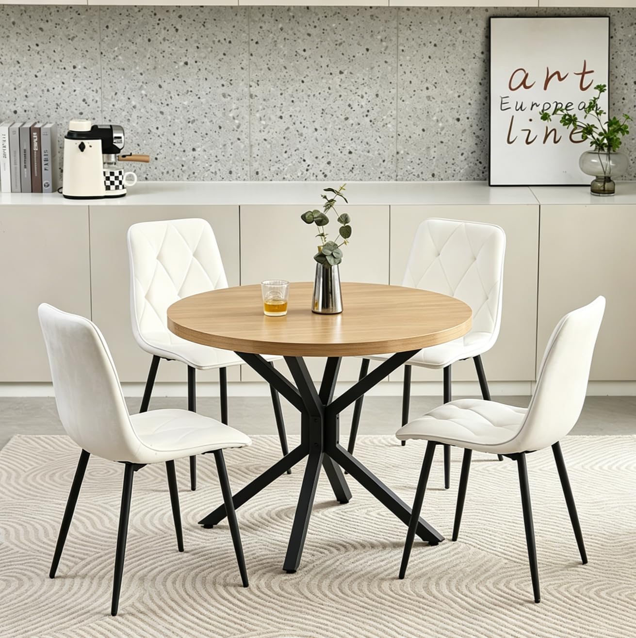Pantanal 95cm Round Oak Wood Dining Table and White Velvet Chairs Set of 4, Modern 5 Pieces Compact Kitchen Table with 4 Elegant Argyle Grid Chairs for Dinette Restaurant Small Space