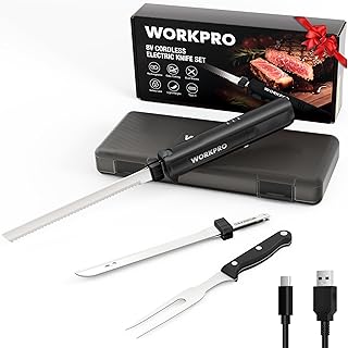 WORKPRO Electric Knife for Meat Slicing, Cordless Electric Carving Knife for Turkey, Fish & Bread, Two Stainless Steel Blades, Ergonomic Handle, Storage Case & Serving Fork Included, Black