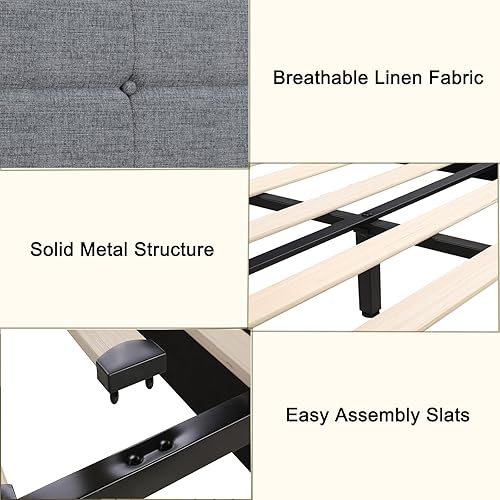 Miniatura 6 de Keyluv Moderna base de cama tapizada con 4 cajones de almacenamiento, cama de plataforma con diseño de cabecera capitoné de botón ajustable, soporte