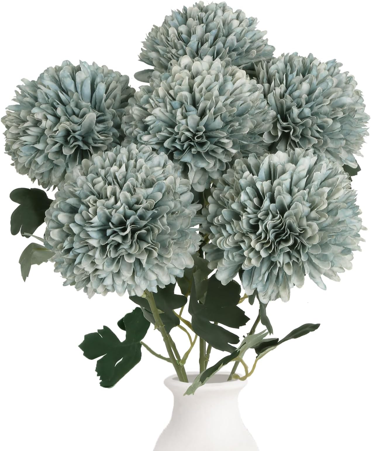 IPOPU 6PCS Dusty Blue Artificial Flowers 21.6’’ Silk Fake Chrysanthemums Large Faux Mums Flowers with Stems for for Wedding Home Kitchen Party Garden Indoor Decoration(Dusty Blue)