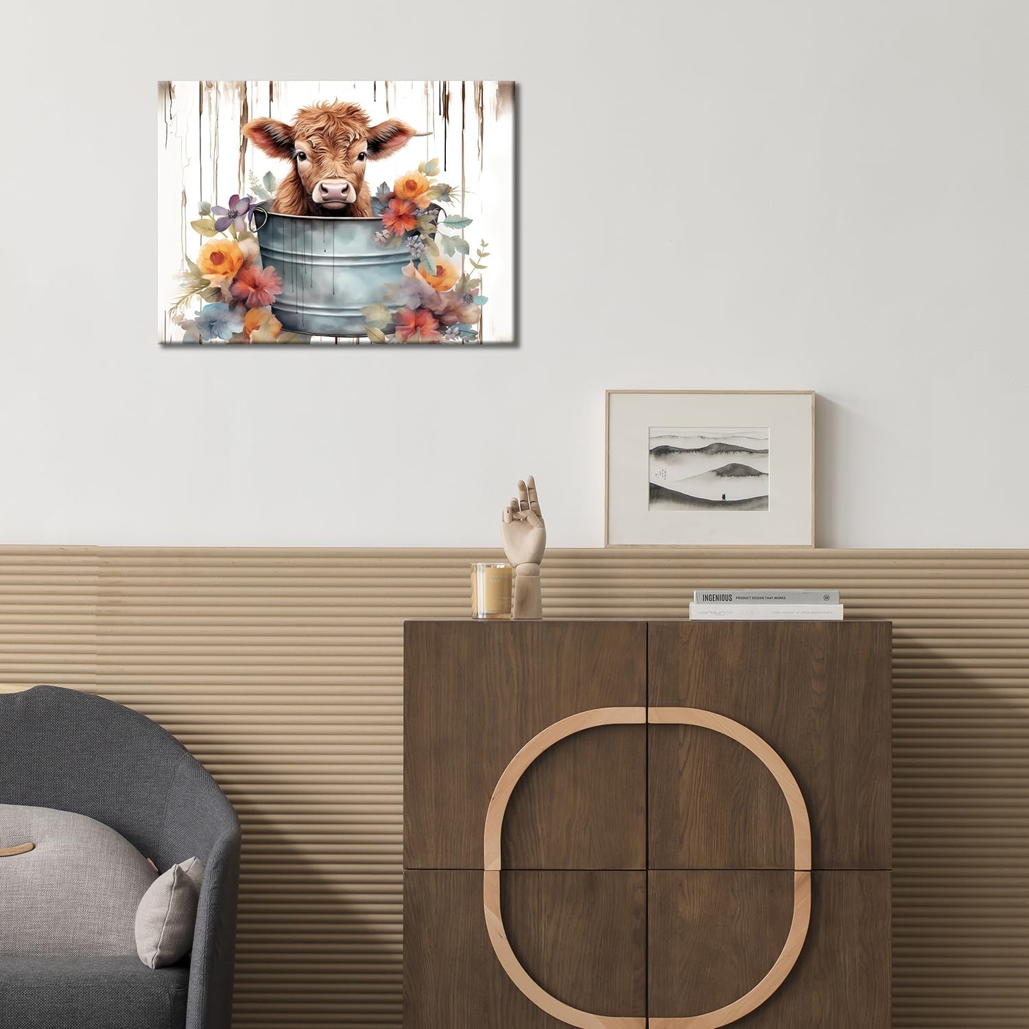 Condition photo showing New/Like New for glokaka farmhouse highland cow wall art little calf cow in a bucket with flowers picture artwork rustic country cattle canvas print painting for bathroom nursery decoration artwork 02 24"l x 16"w