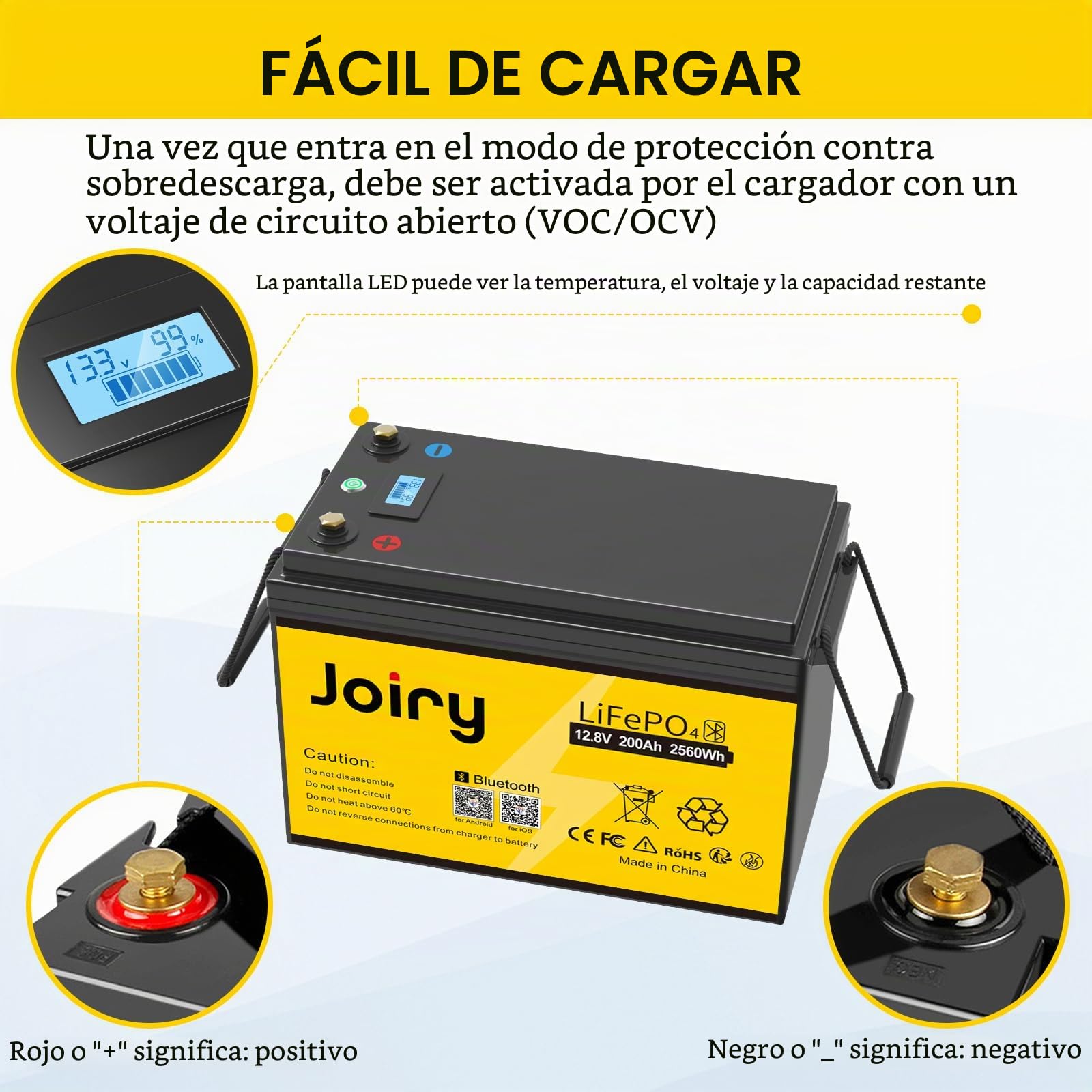 Joiry LiFePO4 Batería 12V 200Ah 2560Wh Bluetooth bateria Litio Fosfato de Hierro y Litio Energía de Emergencia con más de 5000+ Protección BMS para Panel Solar, RV, Marina, Golf