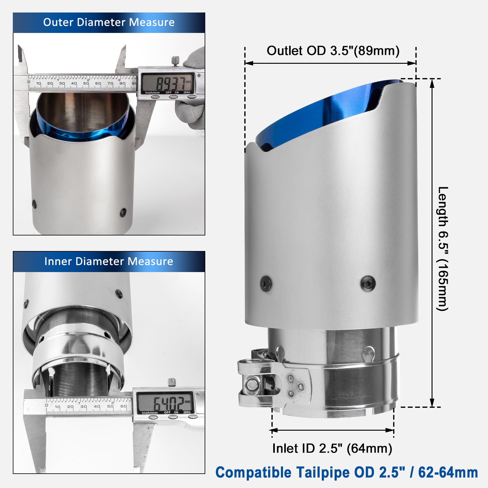2,5" Auto Auspuff Endrohr Edelstahl - Doppelschicht Auspuffspitze 2,5"(64mm) Einlass 3,5"(89mm) Auslass 6,5" Länge Universell für 2,5" Schalldämpfer Auspuffrohre Bolt-On (Matt Silber & Blau)
