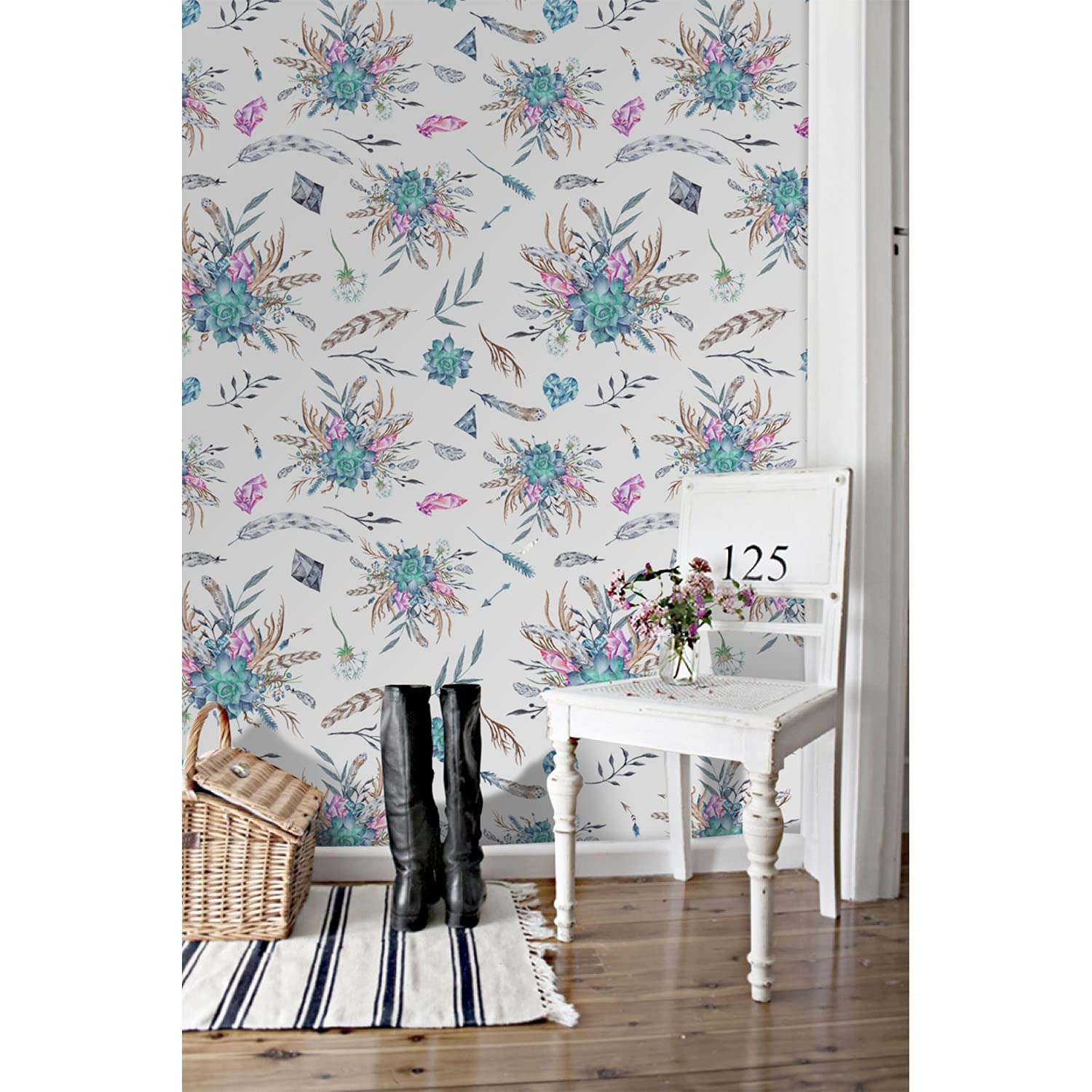 Papier peint plumes florales pastel mural pour salon cuisine 104x70cm