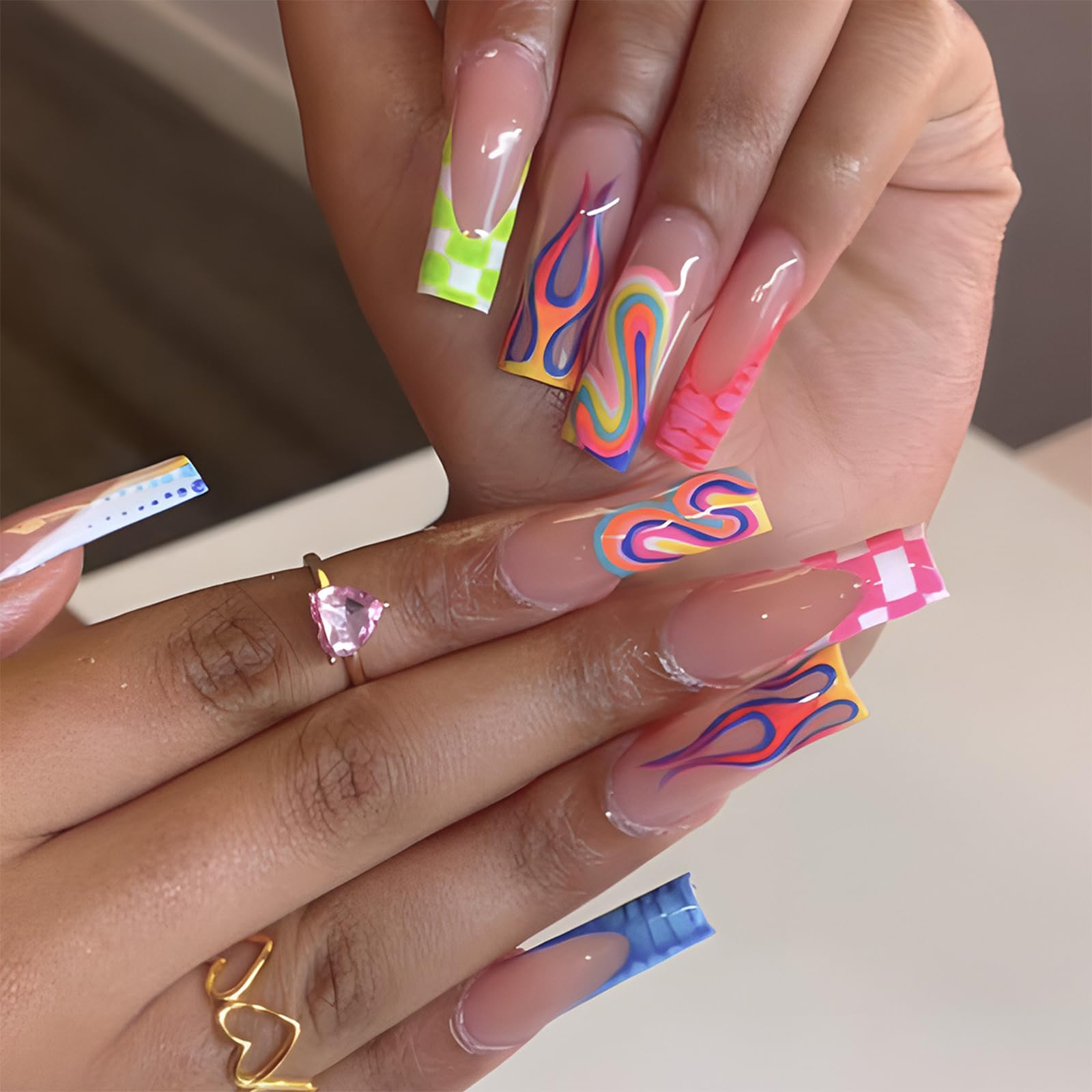 IMRAIN Press on Nails Long Square Fake Nails Colorful Flame French Tips False Nails Full Cover Squoval Glossy Acrylic Artificial Glue Stick on Nails