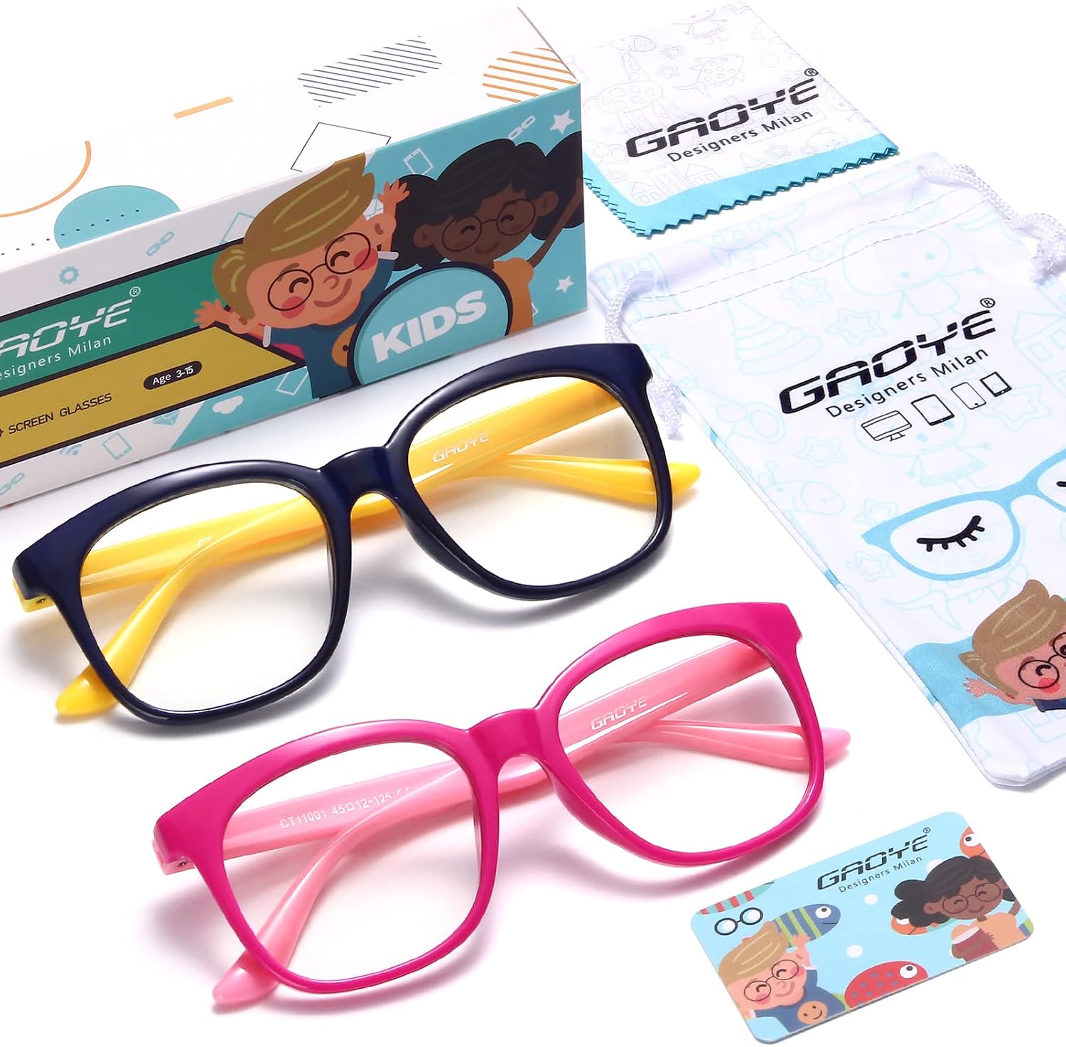Gaoye 2-Pack Kids Blue Light Glasses Girls & Boys Age 3-15, Computer Gaming Fake Eyeglasses Anti Eyestrain