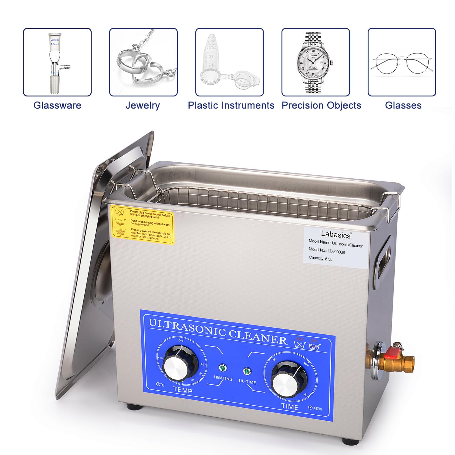Labasics Myjka ultradźwiękowa 6,5 L ze stali nierdzewnej 304, profesjonalny cyfrowy oczyszczacz do laboratorium, z ogrzewaniem i timerem, panel mechaniczny, 40 kHz, 220V, do czyszczenia narzędzi i