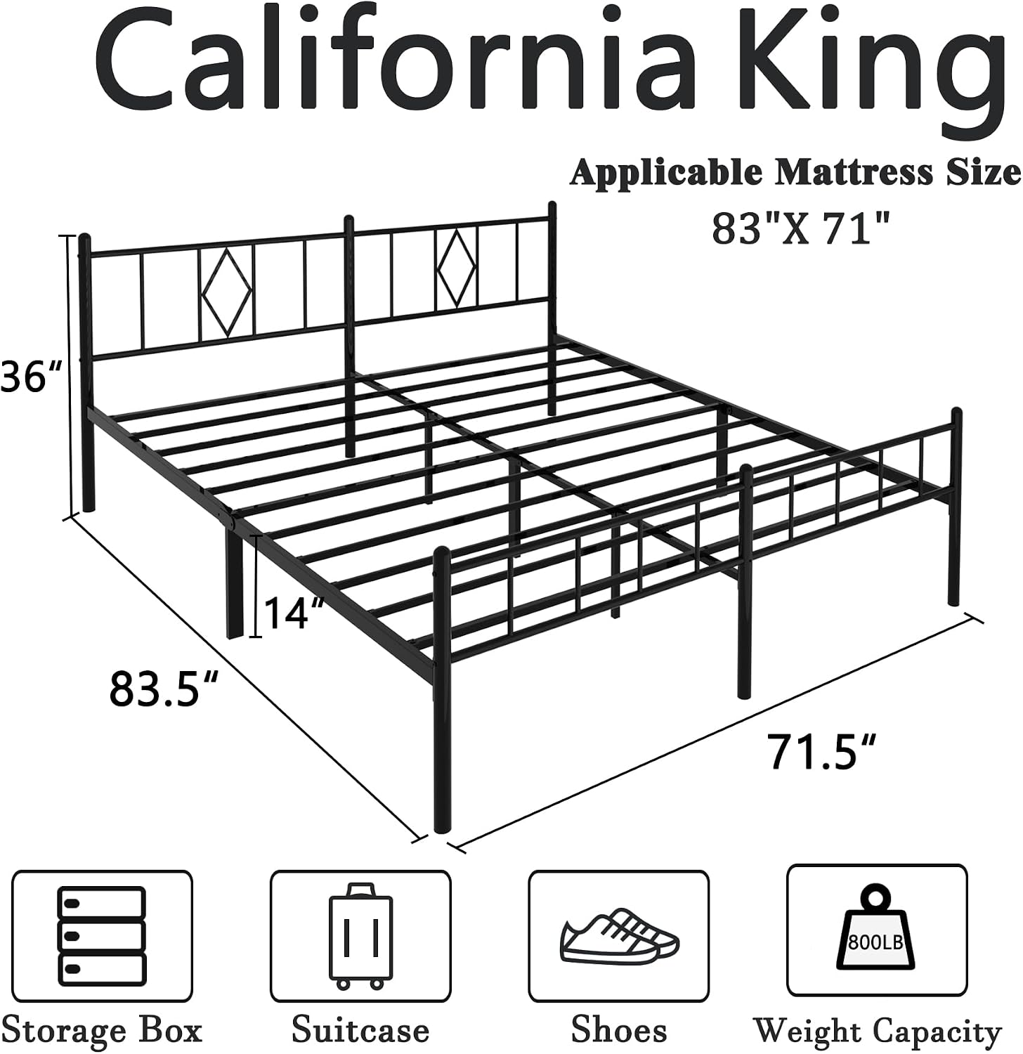 14 Inch California King Size Bed Frames with Headboard/Footboard， Metal Slats Support No Box Spring Needed Easy to Assemble/Under Bed Storage Space/California King Size Black
