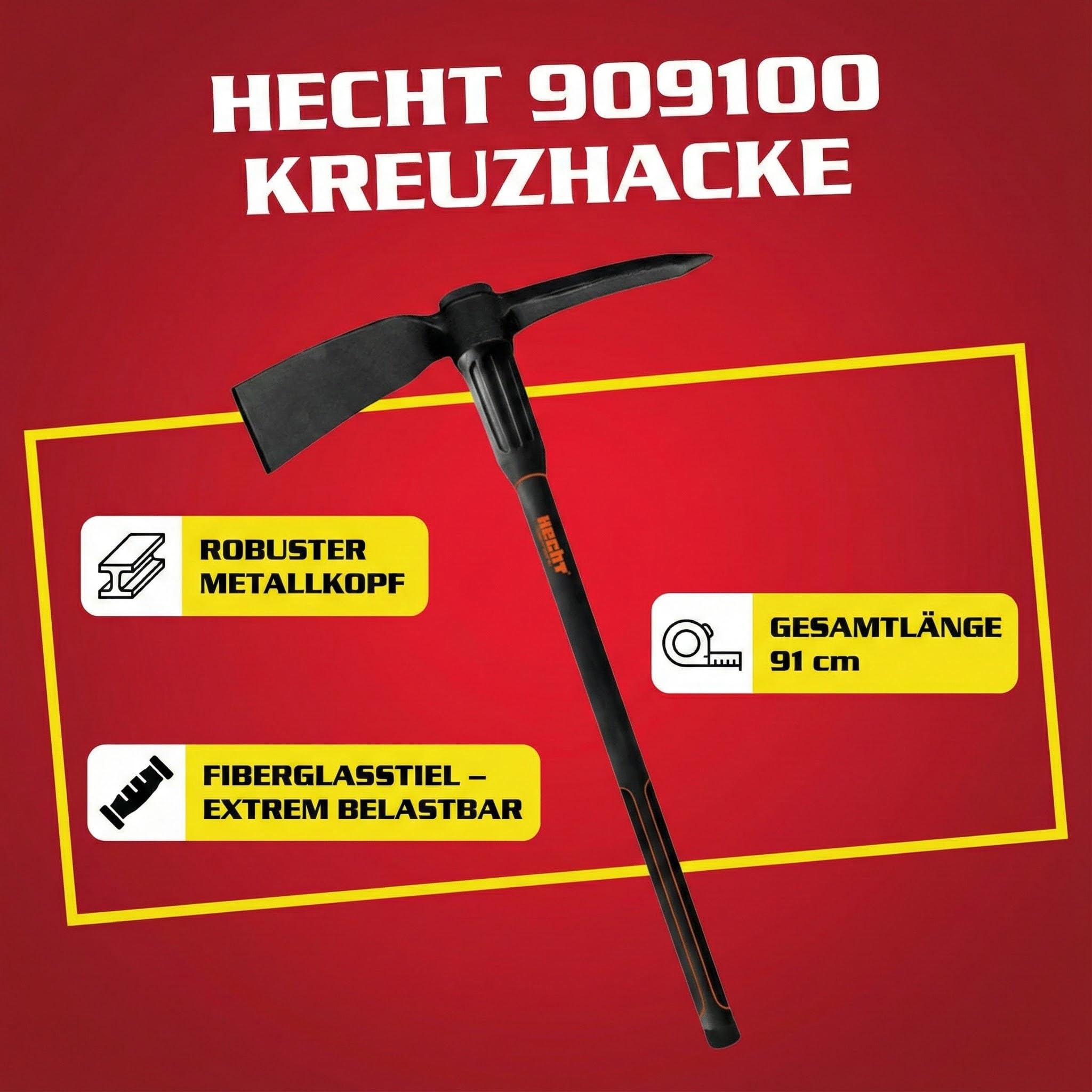 Hecht Spitzhacke groß - Gartenhacke mit Stiel 91cm Länge - Kreuzhacke (Spitze und flache Schneide) mit rutschfestem Griff und Glasfaserkernstiel - Werkzeug Hacke Garten für ideale Bodenbearbeitung