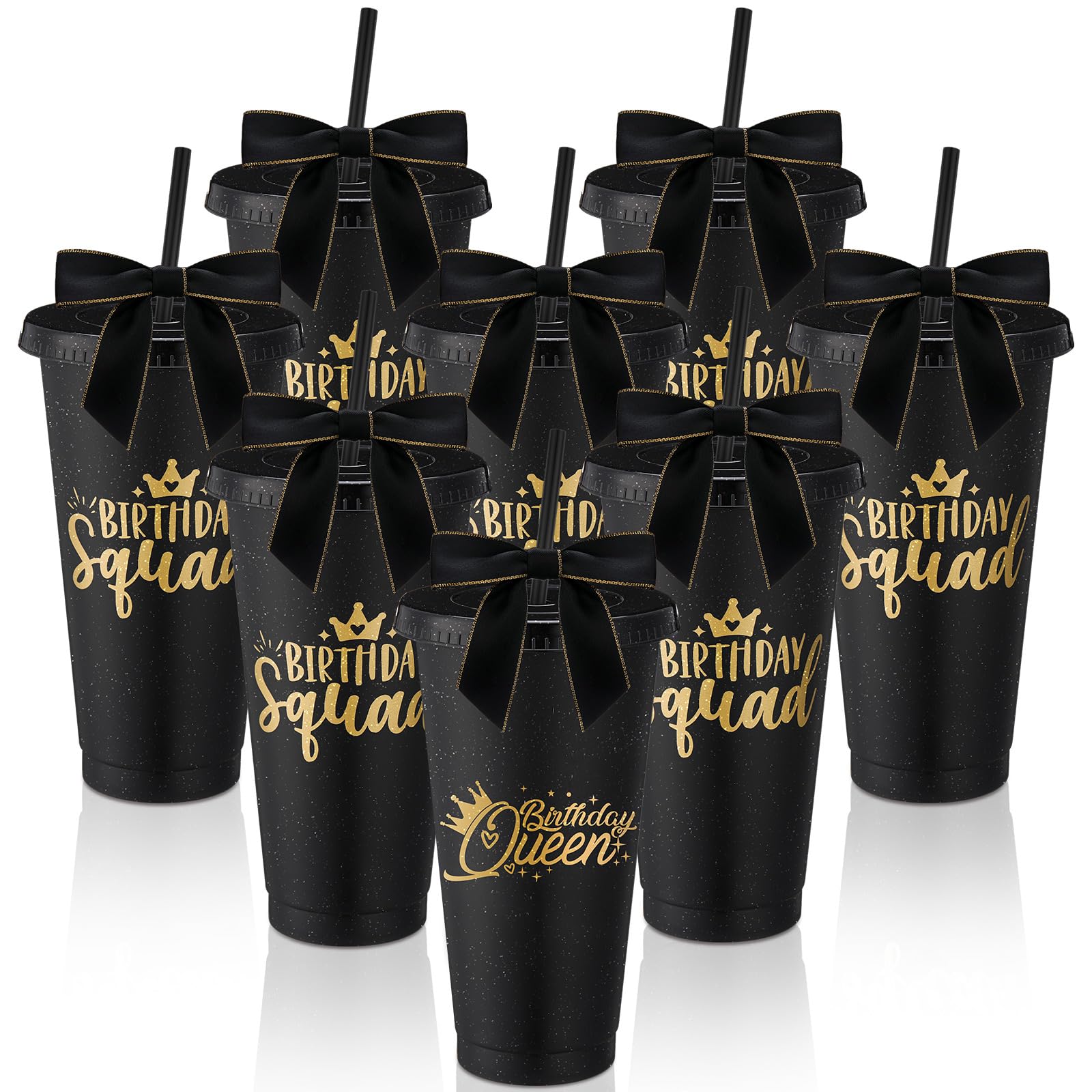 Photo 1 of Jingmore 8 Set Birthday Party Glitter Tumblers 24 oz Birthday Squad Birthday Queen Plastic Tumblers with Lid Straw and Twist Bow for Birthday Decorations Party Favor for Women(Black)