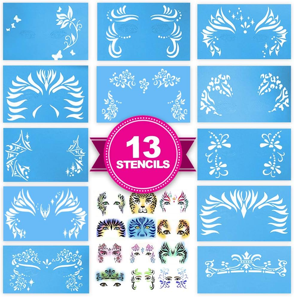 Face Paint Stencils by Pixiss 13 Pack Kit Large Reusable Face Painting Stencils for Facepainting, Tattoo Templates, Halloween Makeup Stencil with 10 Painting Brushes Nylon Round and Pointed Brush Set