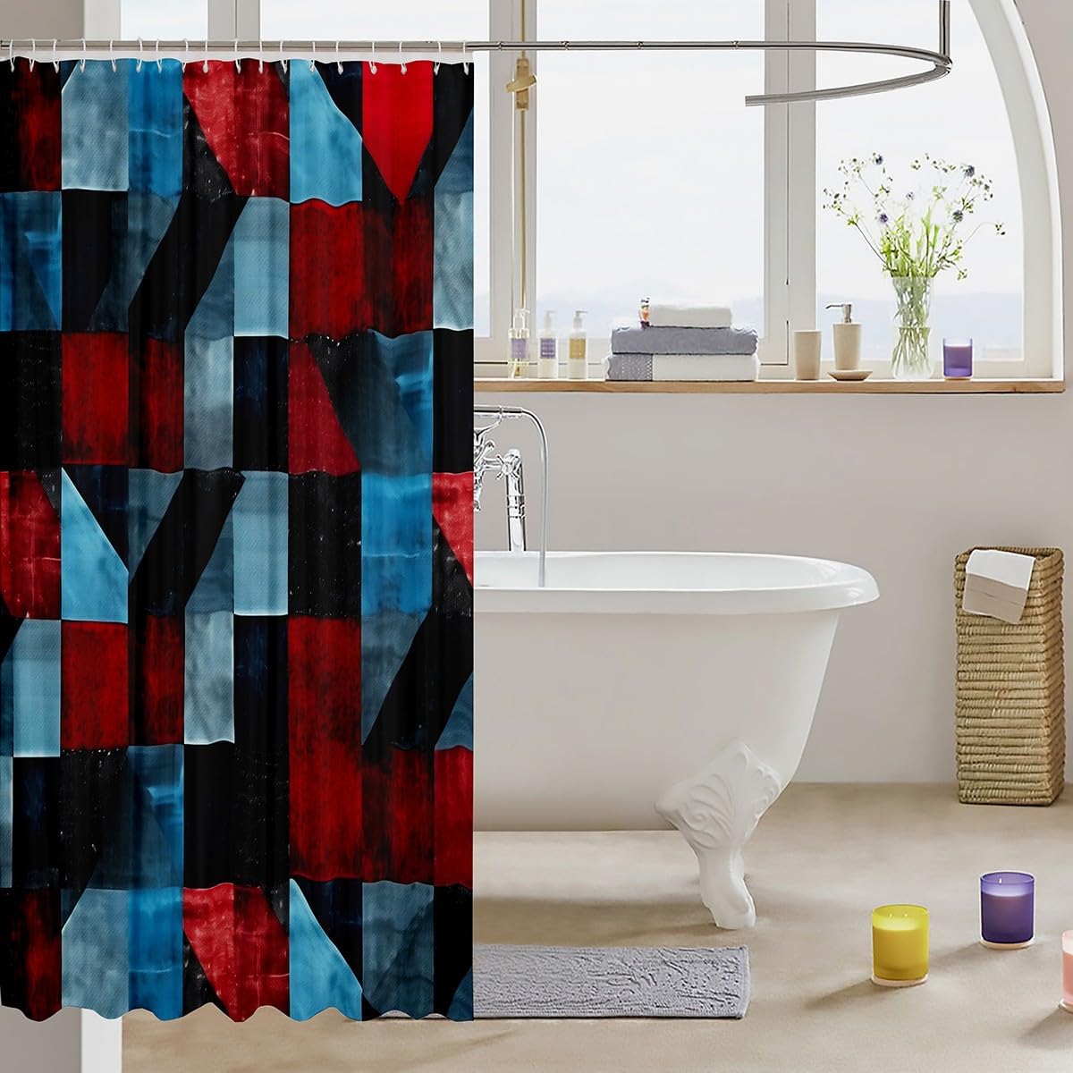 Erosebridal Red Black Blue Shower Curtain Set,Geometric Abstract Aesthetic Bathroom Set for Kids Adults,Retro Grunge Colorful Bathroom Decor Fabric Shower Curtain 72" Wx78 L