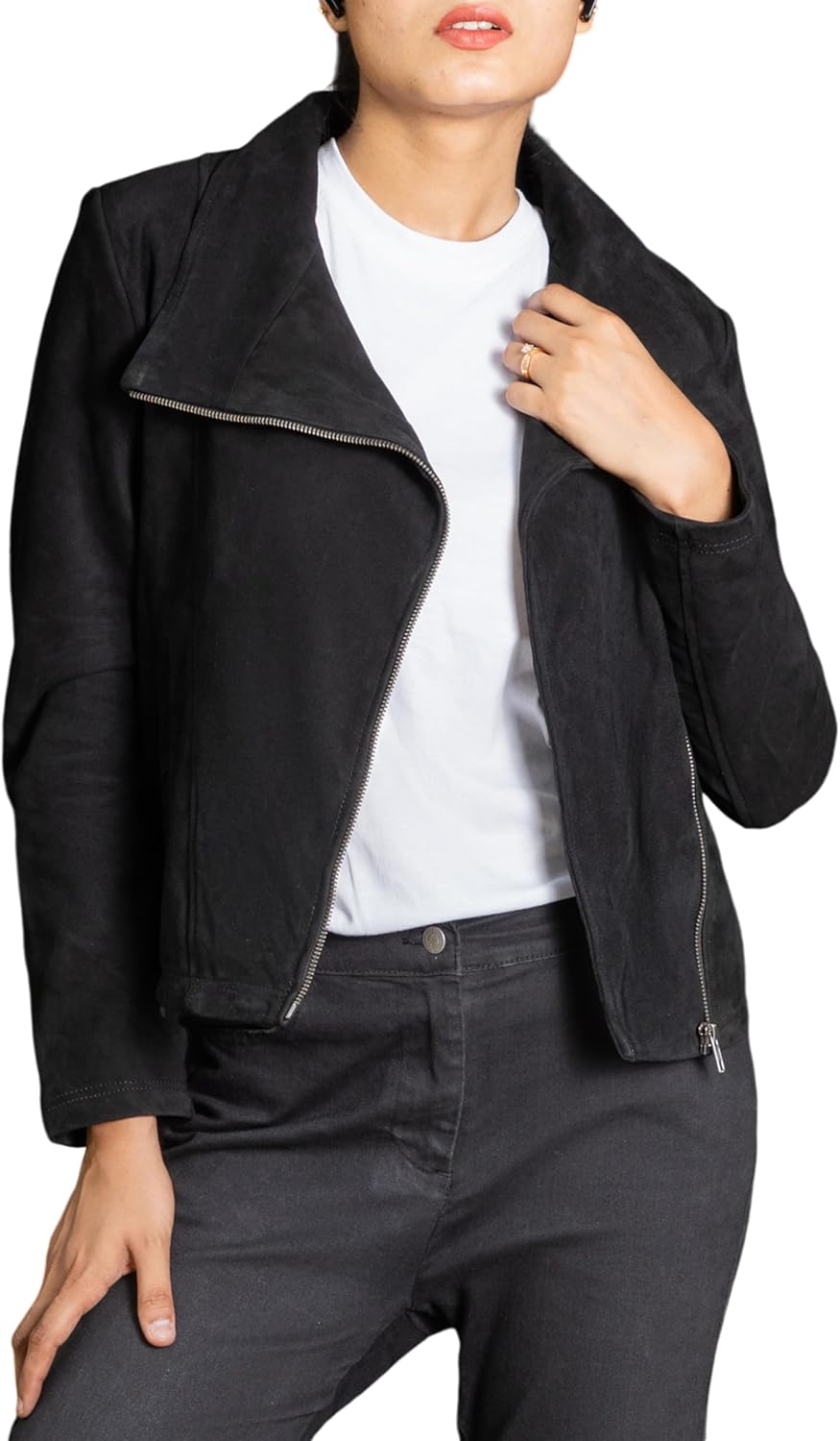 Jild Suede Leather Jacket Women Long Sleeve Fall & Winter Women's Fashion Moto Biker Jacket Open Front Cropped Coat Outerwear