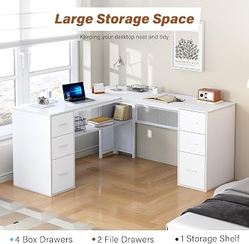HSH 150cm L Shaped Desk Corner Computer Desk with Drawers Storage White