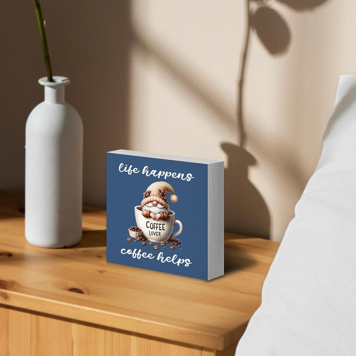 Rustic Coffee Gnomes Blue Wood Box Sign Desk Decor, Drink Lovers Gift Life Happens Coffee Helps Funny Gnome Wooden Block Sign Decorations for Café Bar Station Wall Tabletop Shelf Decors image 3