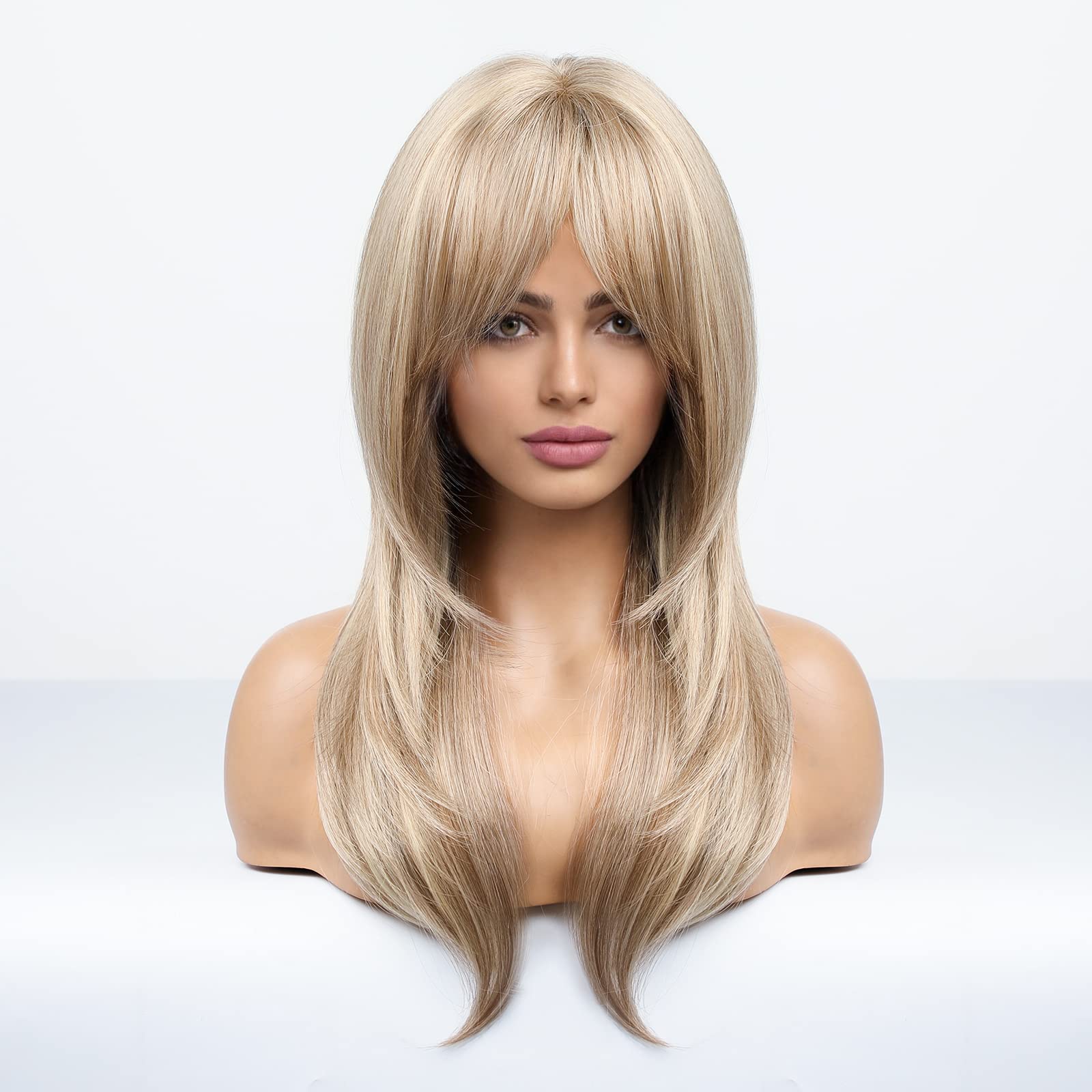 HAIRCUBE  Wigs for Women,Long Layered Orange Wigs with Bangs Heat Resistant Synthetic Fibre Wigs(pelucas de cabello natural): Light Blonde