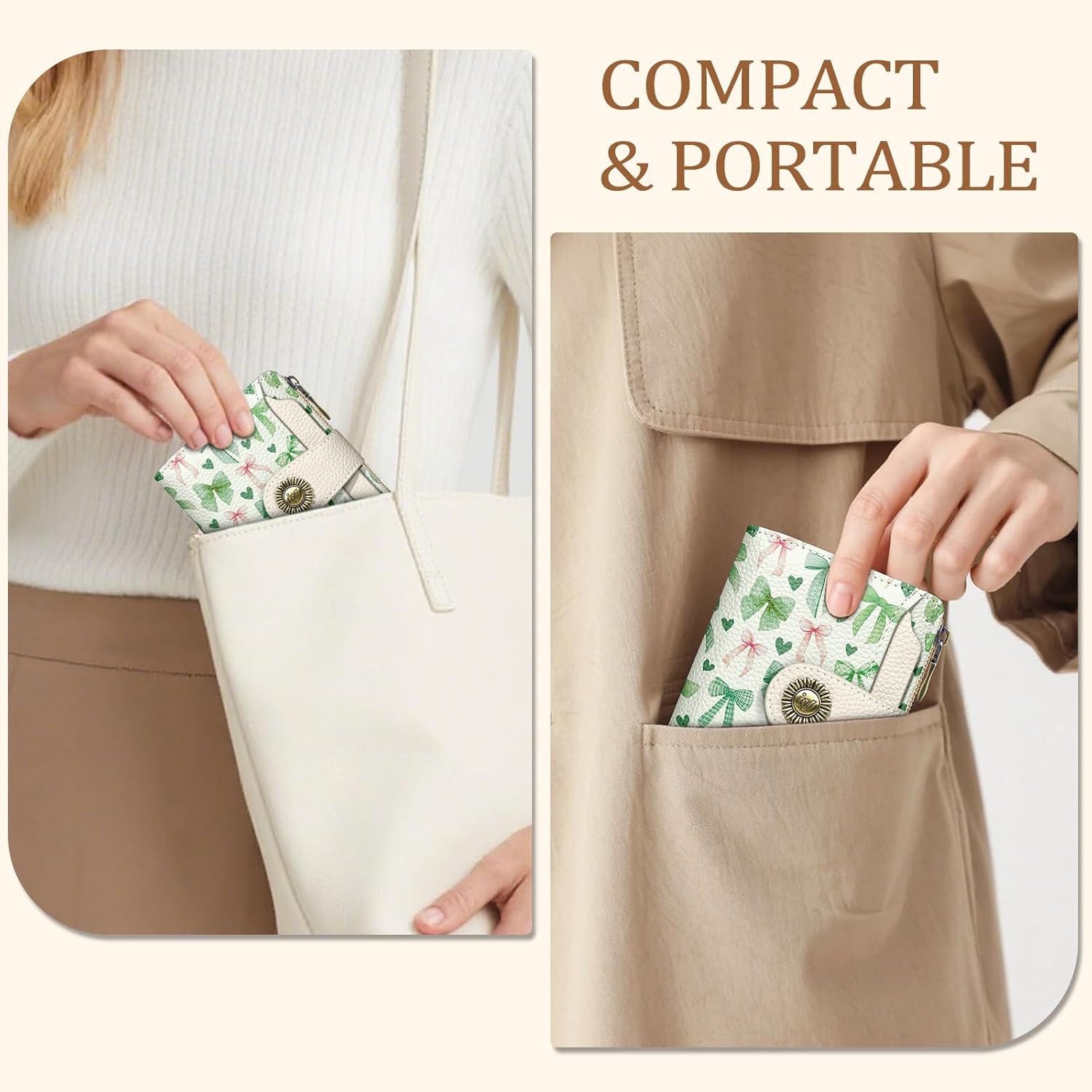 Sage Green Bow Small Wallet Women RFID Blocking Bifold, Cute Credit Card Holder, Zipper Coin Pocket, PU Leather, Compact, Travel, 4 ID Window, 14 Card Slots, Cash Purse, Ladies Woman Female - Image 6