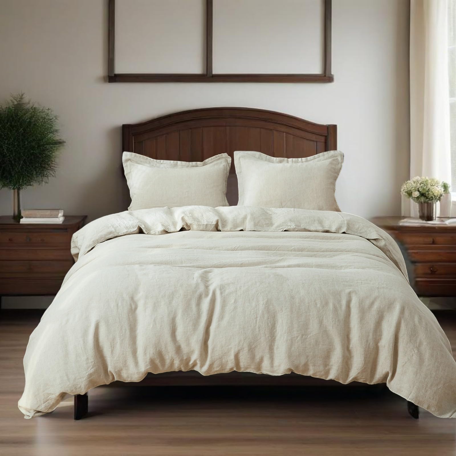100% Linen Duvet Cover Set with Washed-French Flax-3 Pieces Solid Color Basic Style Bedding Set-Breathable Soft Comforter Cover with 2 Pillowshams(King,Linen)
