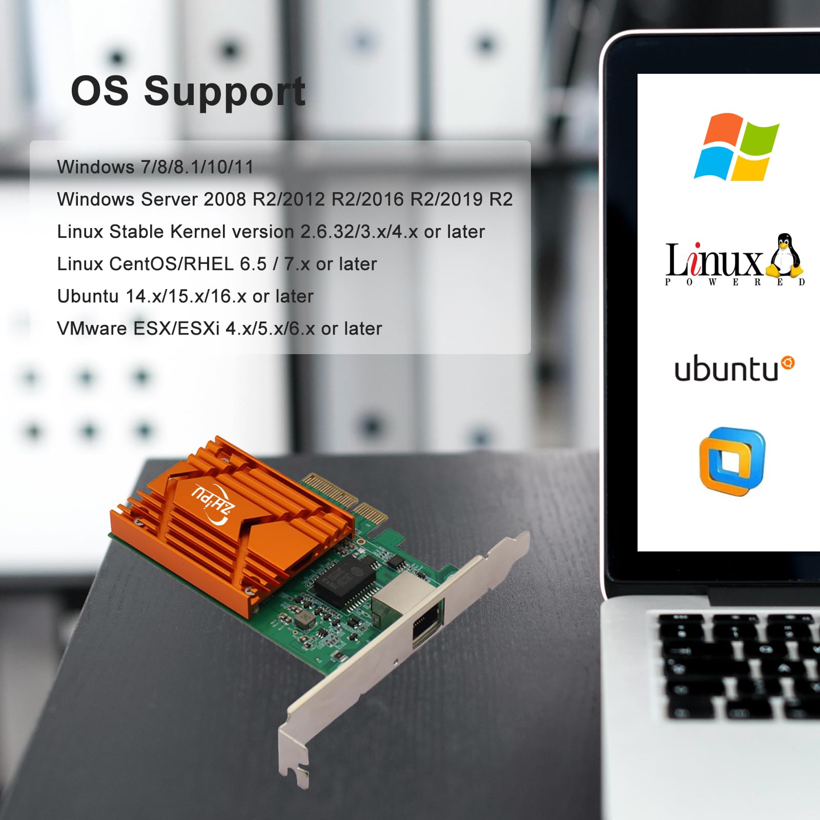 Adattatore di rete Ethernet PCIex4 10G RJ45, scheda di rete NIC RJ45 a porta singola, velocità dati 10/100/1000M/2,5G/5G/10Gbps, supporta Windows Server/Windows/Linux/Ubuntu, marrone