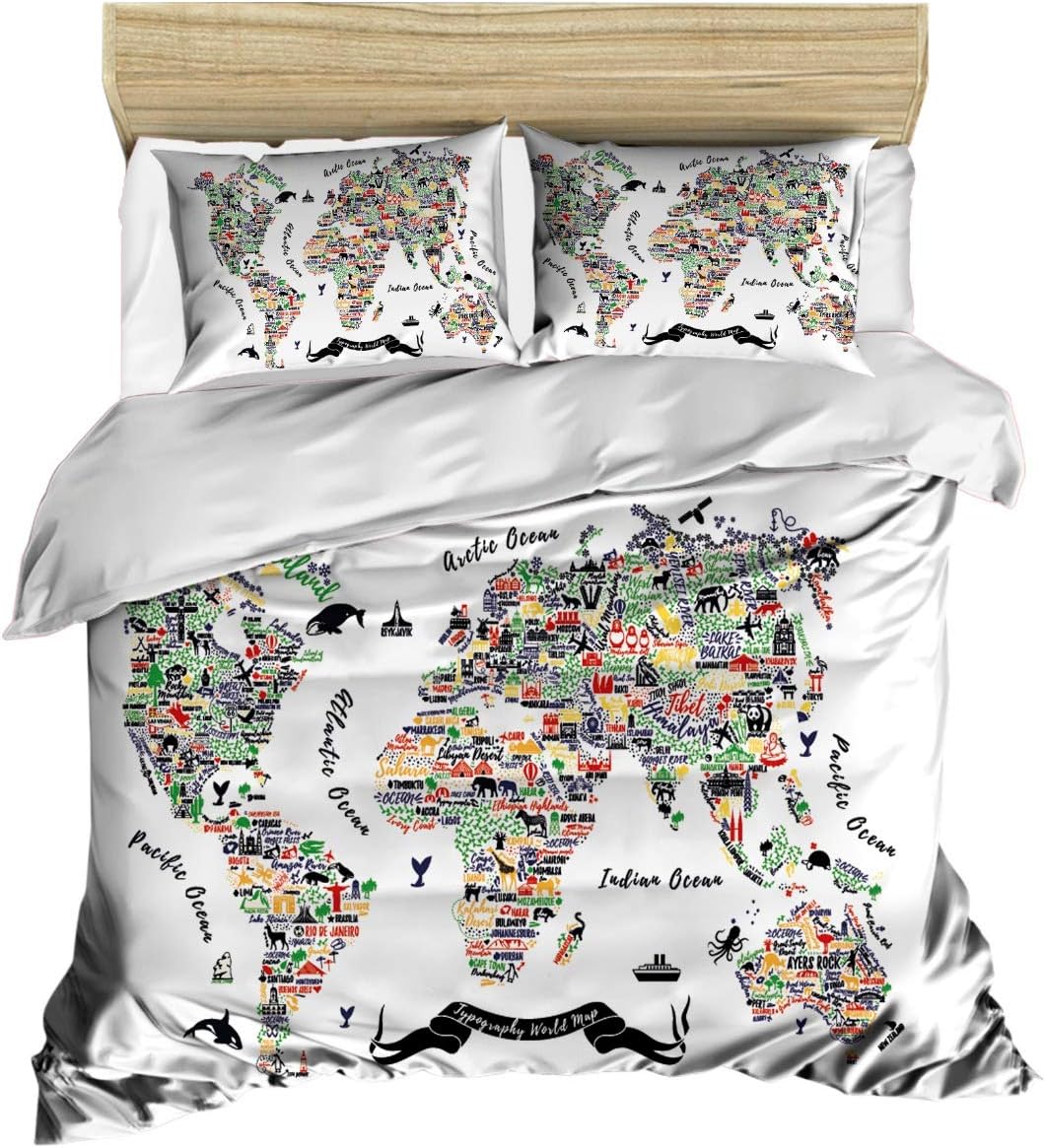 OZINCI 3D Printed World Map Bedding Set, Most Popular Tourist Attractions Themed 100% Cotton Duvet Cover Set, Special Design, Adults Kids Bed Set, Red, Full/Queen Size, (4 Pieces)