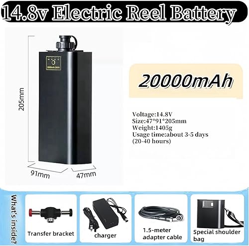 Miniatura 2 de Batería de carrete de pesca eléctrica de 14.8 V 20000 mAh, caja de aleación de aluminio con cable de 4.92 pies, compatible con carretes eléctricos