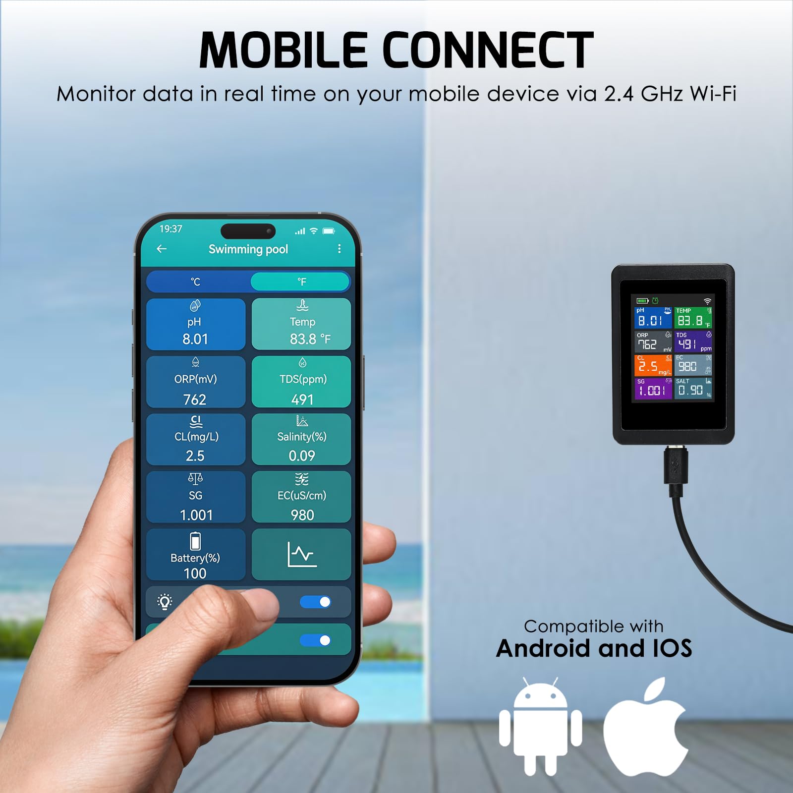 Intelligenter 8-in-1 Wasserqualitätstester mit WLAN, überwacht pH, ORP, Chlor, Salzgehalt, TDS, EC, spezifisches Gewicht und Temperatur per Tuya-App für Pools, Spas, Whirlpools und Aquarien.