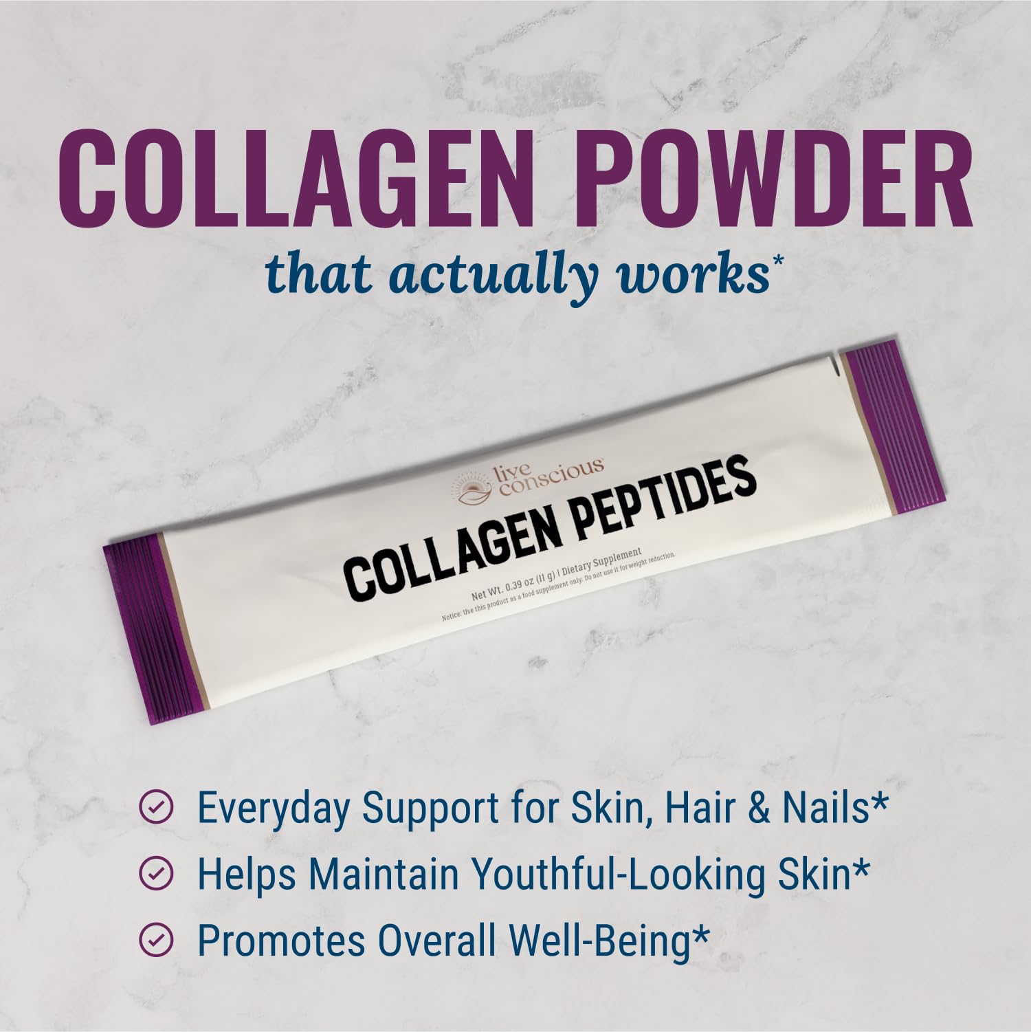Live Conscious Collagen Peptides Powder Unflavored Packets - Hydrolyzed Collagen Powder - Hair, Skin, Nail, & Joint Support - Type I & III Grass-Fed Collagen Supplements for Women and Men - Pack of 20 — Amazon image 3