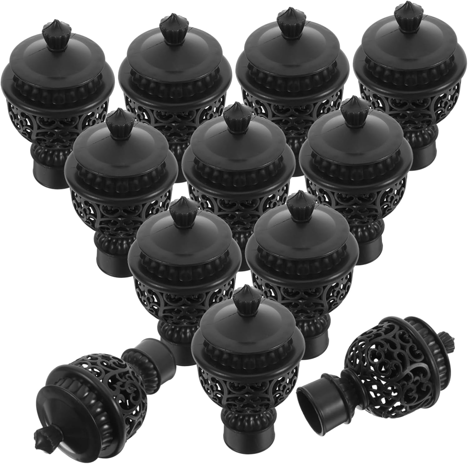 MAGICLULU 12pcs Decorative Curtain Rod End Caps Plastic Drapery Pole Finials Black Hollow Design for Window Treatment Replacement Accessories for Home Decor