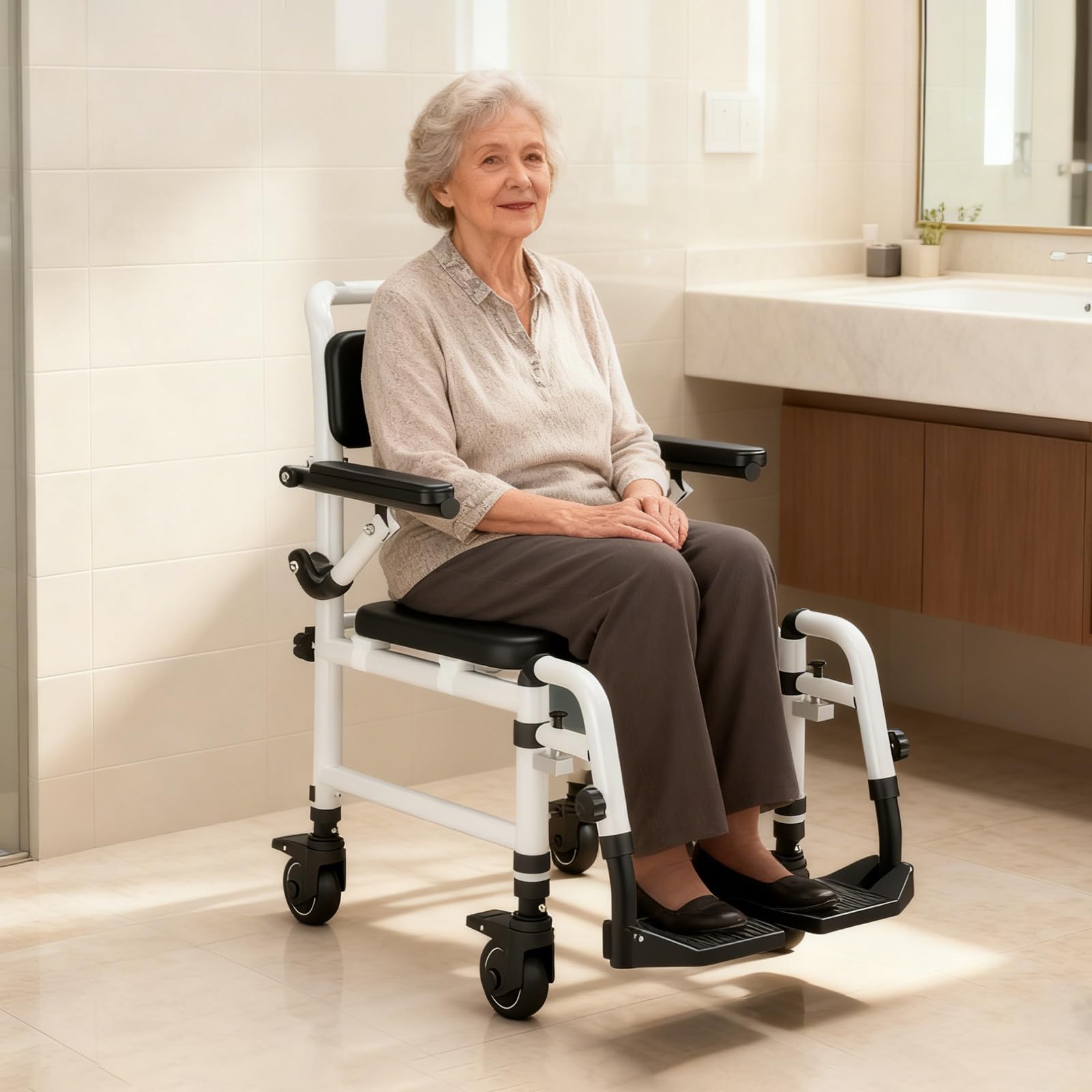 NJUN Sedia da Doccia con Ruote, Sedia Comoda e Doccia Mobile per Anziani e Disabili, Sedia da Bagno Altezza Regolabile in Alluminio con Braccioli Ribaltabili, Poggiapiedi Staccabili e Seduta Imbottita