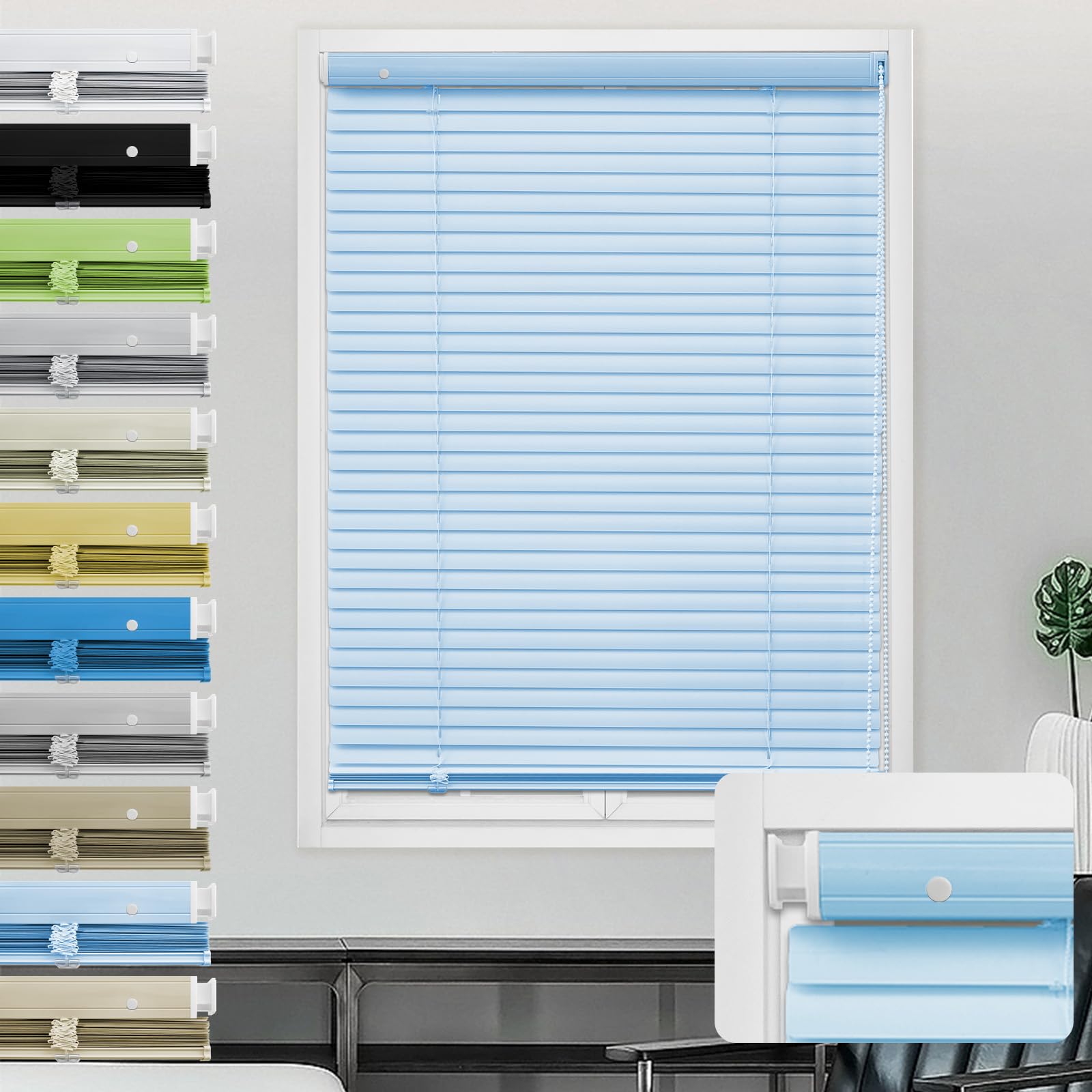 Moonice Aluminum Venetian Blinds No Drill No Tools Window Venetian Blind Color-Matched Horizontal Shade 25mm Slats Waterproof Shades for Office Home Interior Door (Light Blue,115cm W x 150cm H)