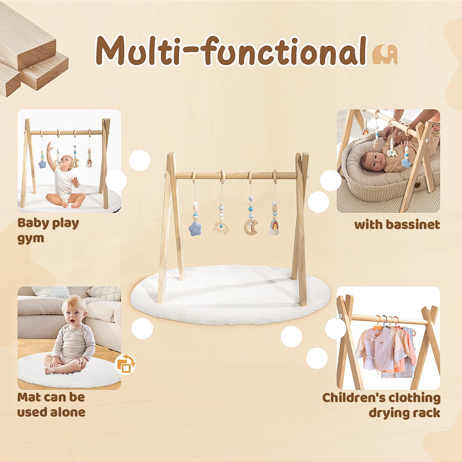 Wooden Baby Play Gym with Activity Mat, Foldable Baby Gym Frame with Hanging Sensory Toys for Newborn, Tummy Time Playground thumbnail