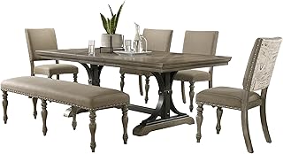 Roundhill Furniture Birmingham 6-Piece Dining Set: Extendable Table with 4 Chairs and a Nailhead Bench, Driftwood Finish