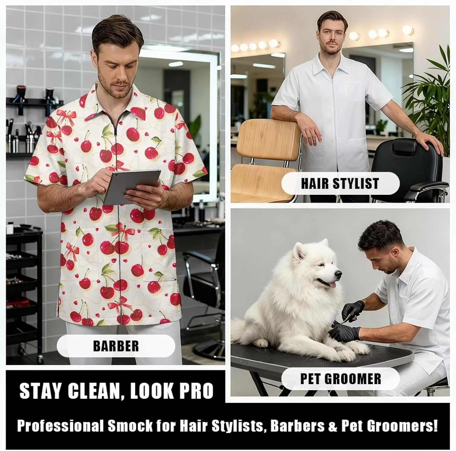 Women Men Barber Work Coat Waterproof Fabric Salon Stylist Tunic Uniform with Pockets for Hairdresser Vet Pet Groomer