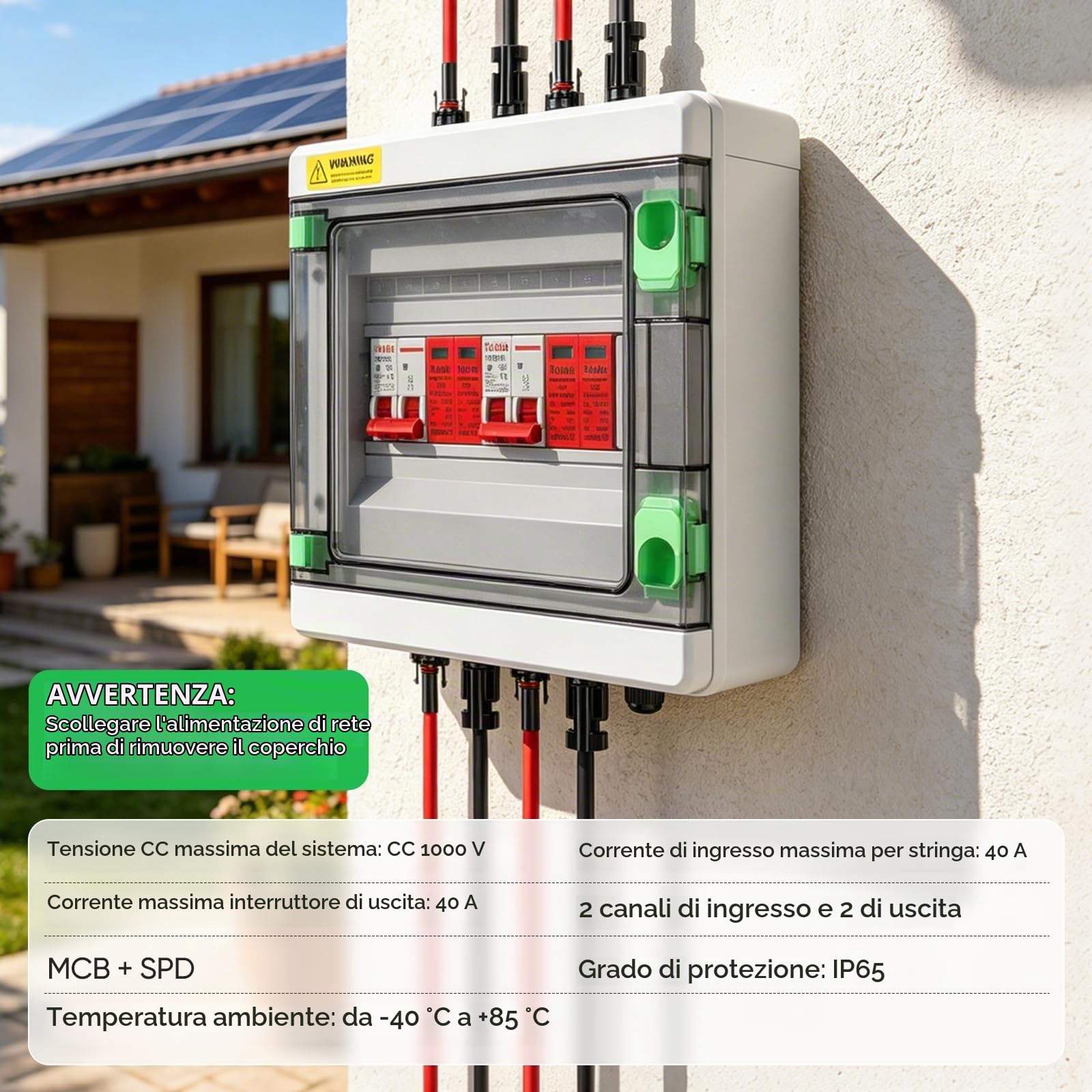 Quadro di Distribuzione, Protezione Sovratensioni DC 2-in-2 Out Sezionatore Fotovoltaico Cassetta Giunzione Solare per Impianti Fotovoltaici (2 Stringhe) 1000V DC 40A 20-40kA Quadro Connessione IP65
