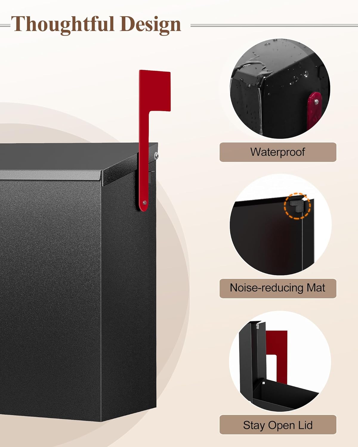 Wall-Mount Mailbox for Outside, Large Capacity Rust-Proof Mail Box with Stay-Open Lid & Red Flag Kit, Galvanized Steel Weather-Resistant Post Box for House Outside, 10.5"x4.3"x14.2", Black