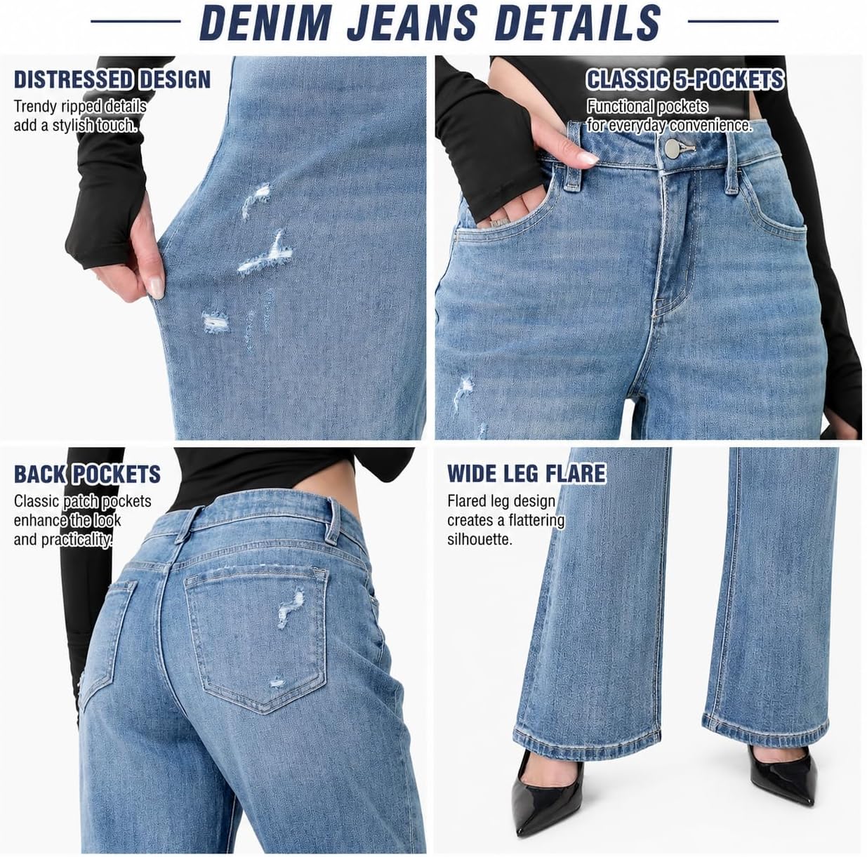 Bell Bottom Jeans for Women High Waisted Ripped Flare Denim Pants Long Inseam Light Stretch Blue Jeans