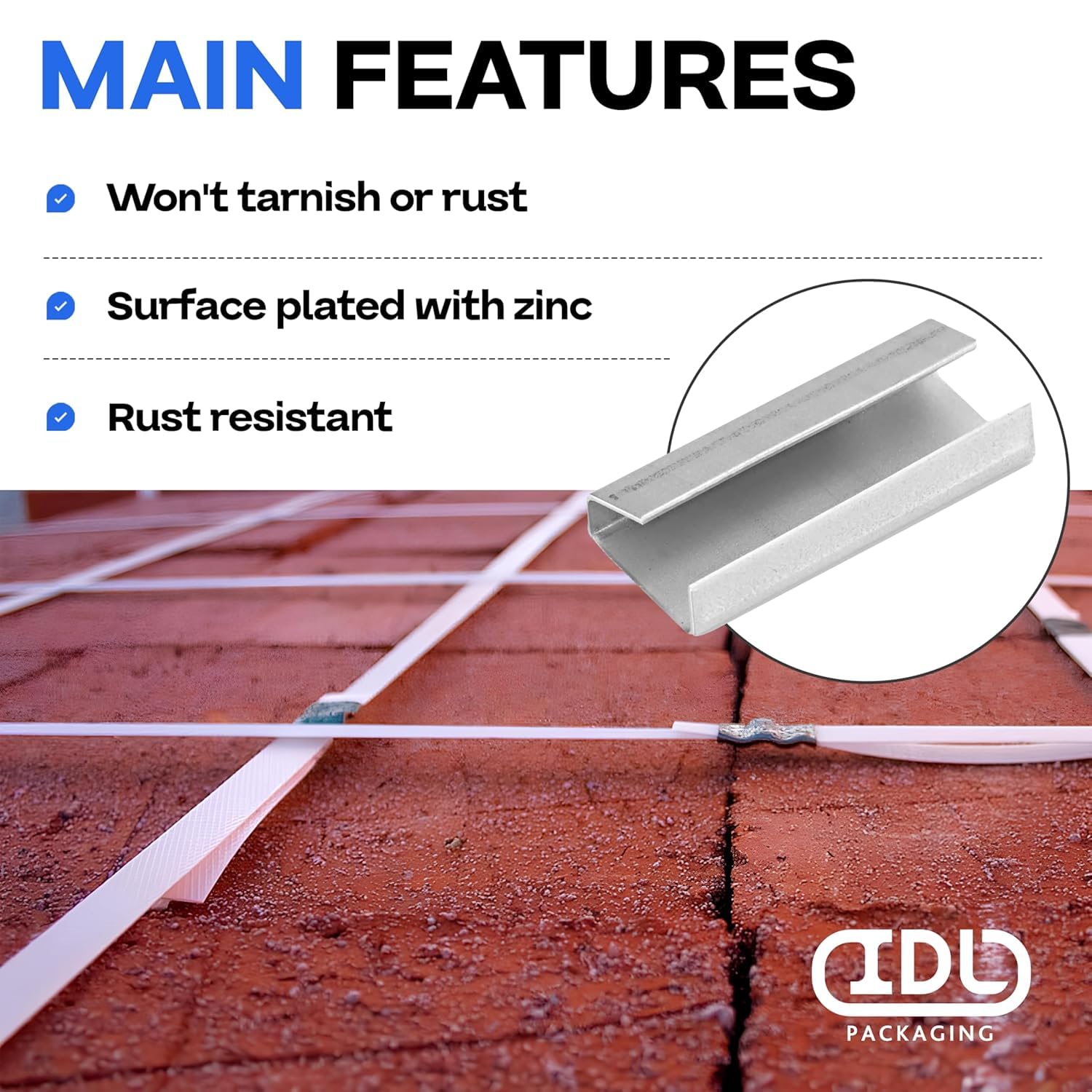 IDL Packaging Open (Snap-On) Seals of 1.25" Length for 1/2" Strap Width Polypropylene (PP) Strapping (Pack of 500) - Strong Metal Clips with Superior Holding Power